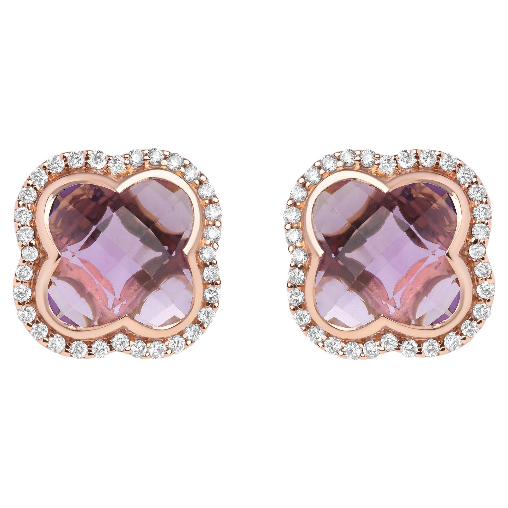 18K Rose Gold 3/8 Carat Diamond and Purple Amethyst Gemstone Halo Stud Earrings For Sale