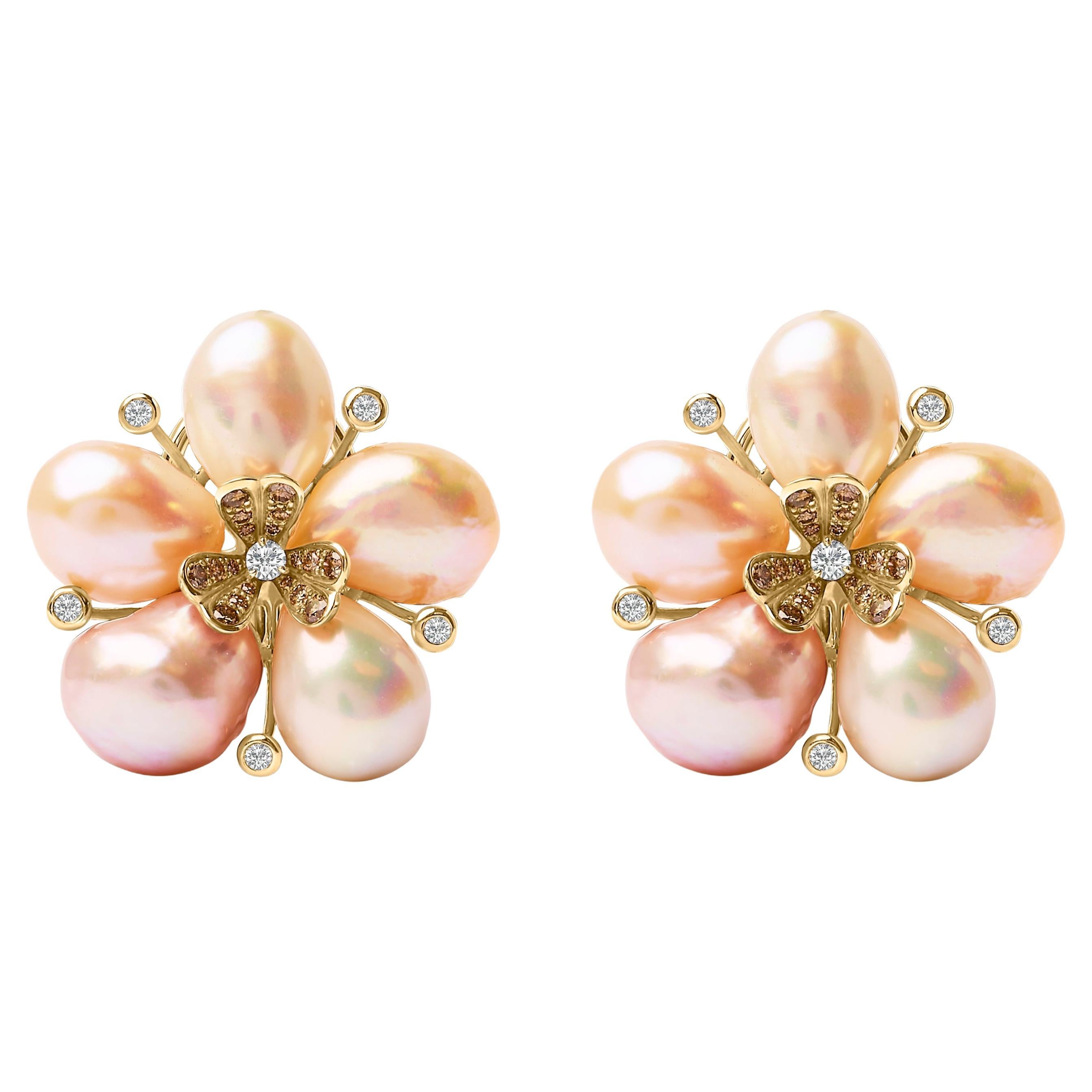18K Rose Gold 3/8 Cttw Diamond and Freshwater Pearl Blossom Stud Earrings
