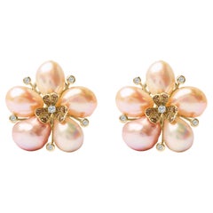 18K Rose Gold 3/8 Cttw Diamond and Freshwater Pearl Blossom Stud Earrings