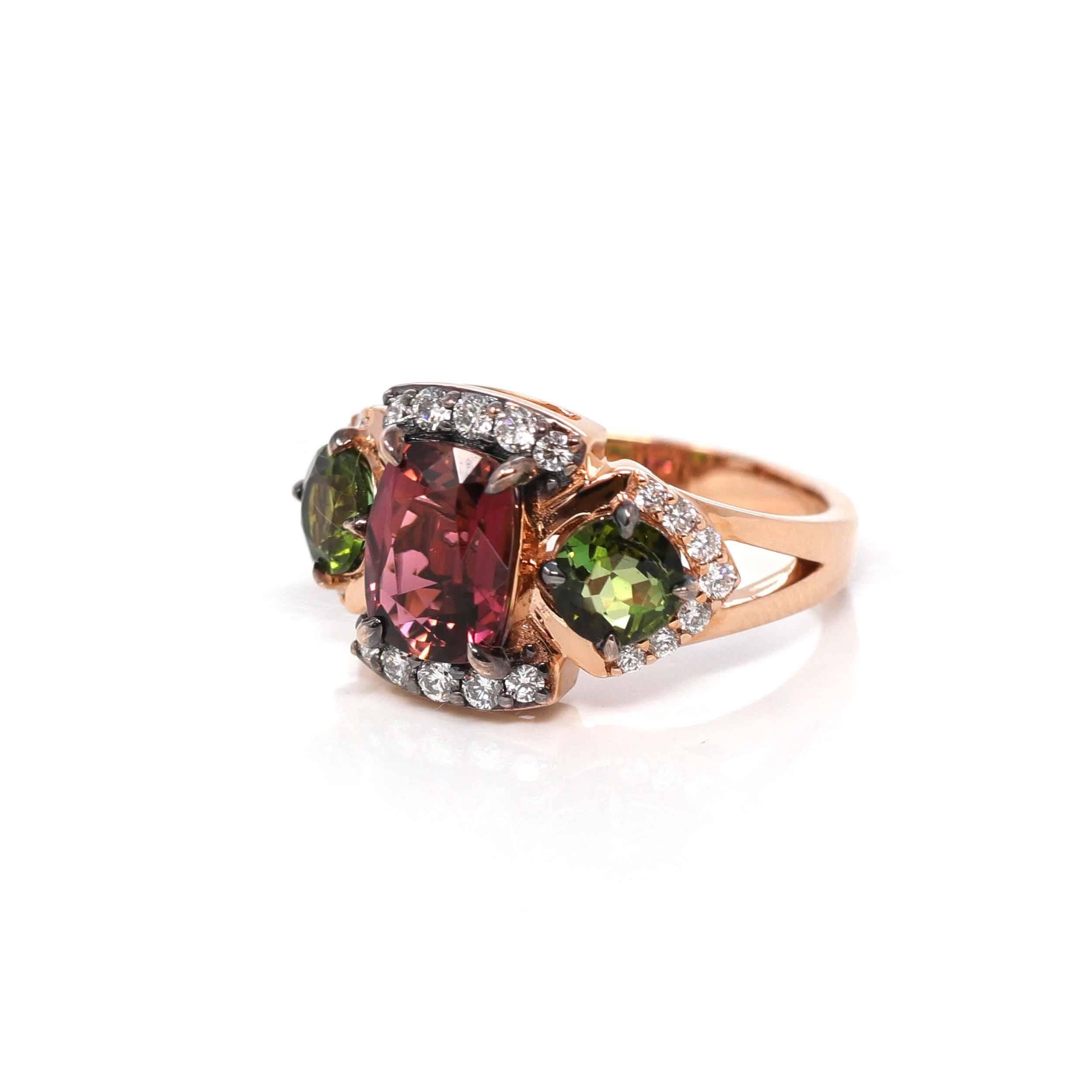 * Design Concept--- This ring features 3 Natural AAA tourmaline 2.365 ct. The design is simplistic yet elegant. The ring looks very exquisite with some diamonds tracing the accents. Baikalla artisans are dedicated to combining beautiful gemstones