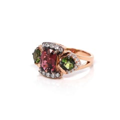 18K Rose Gold 3 Stone Natural AAA Tourmaline Ring with VS1 Diamonds