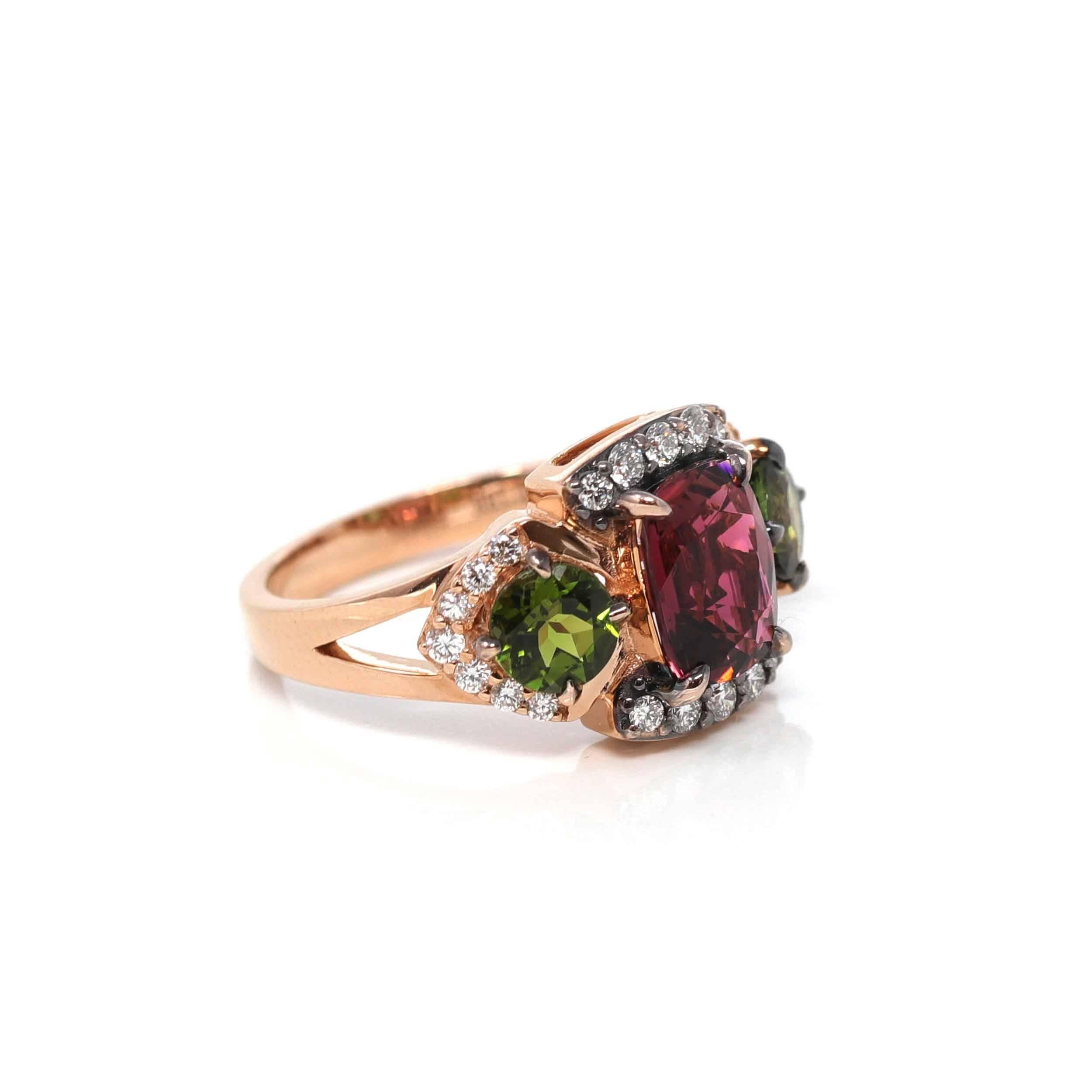 Artist 18K Rose Gold 3 Stone Natural AAA Tourmaline Ring with VS1 Diamonds For Sale