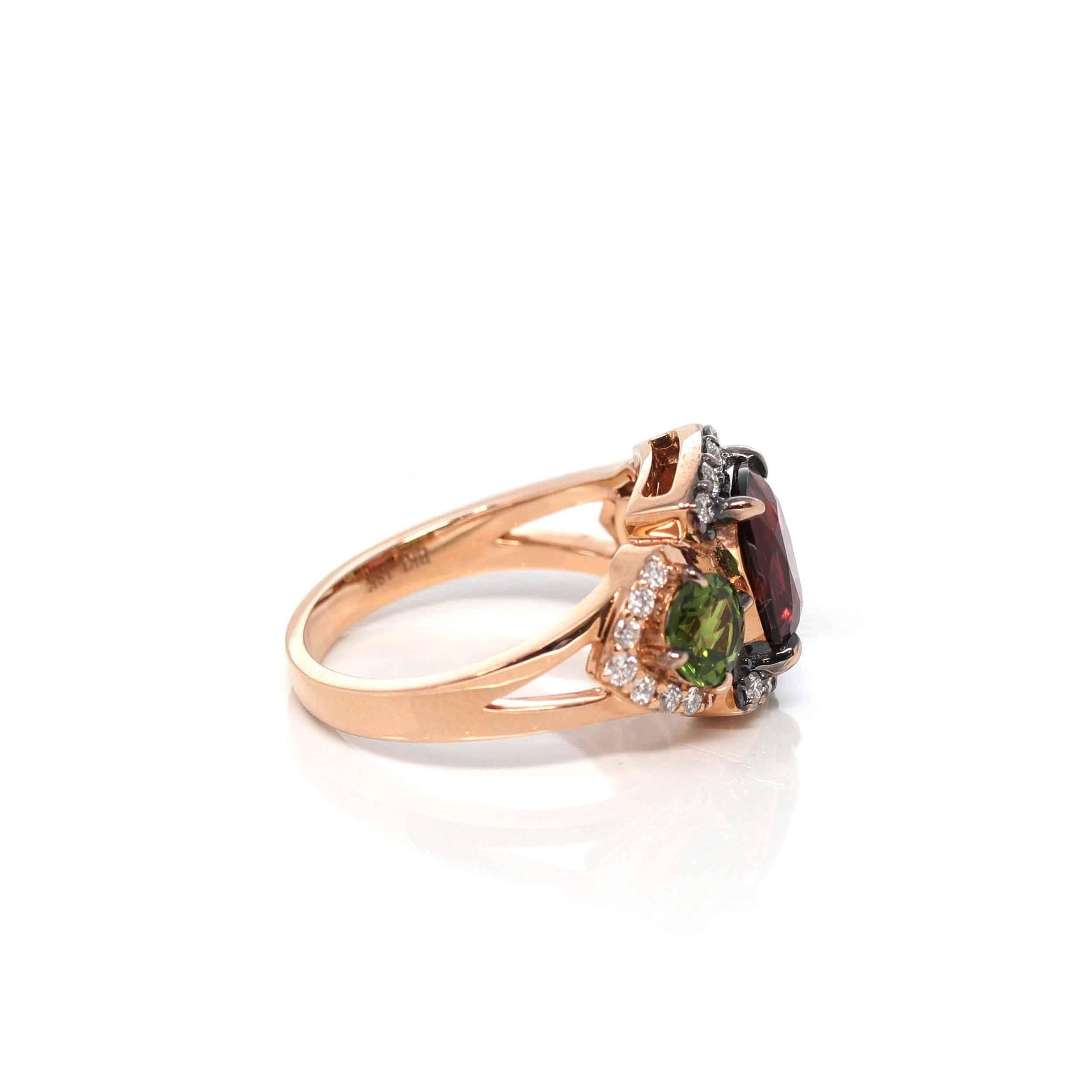 18K Rose Gold 3 Stone Natural AAA Tourmaline Ring with VS1 Diamonds In New Condition For Sale In Portland, OR