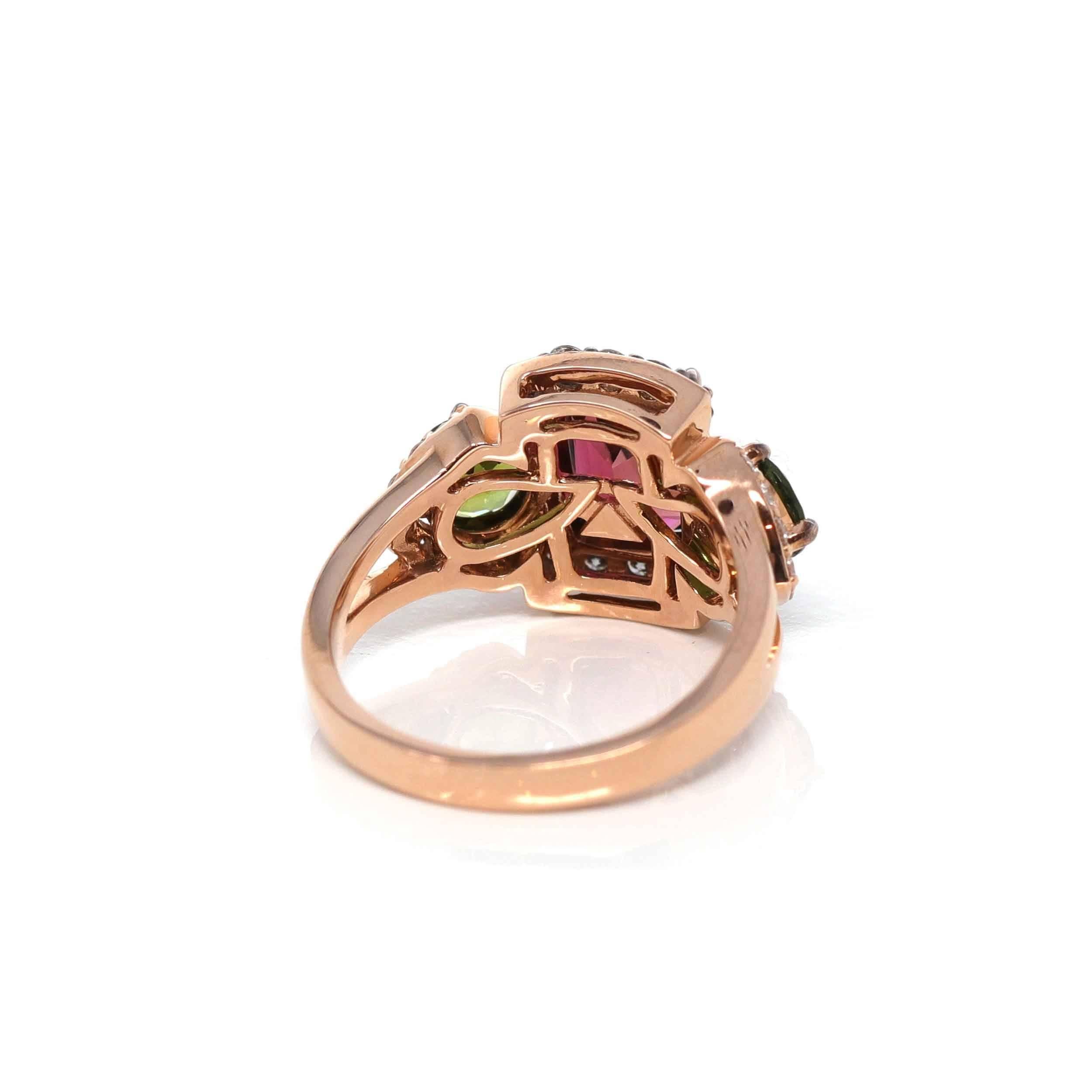 Women's or Men's 18K Rose Gold 3 Stone Natural AAA Tourmaline Ring with VS1 Diamonds For Sale