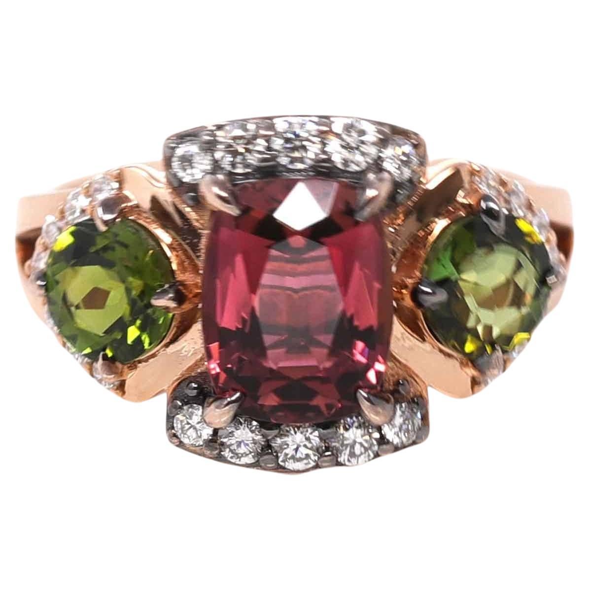 18K Rose Gold 3 Stone Natural AAA Tourmaline Ring with VS1 Diamonds For Sale