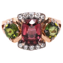 18K Rose Gold 3 Stone Natural AAA Tourmaline Ring with VS1 Diamonds