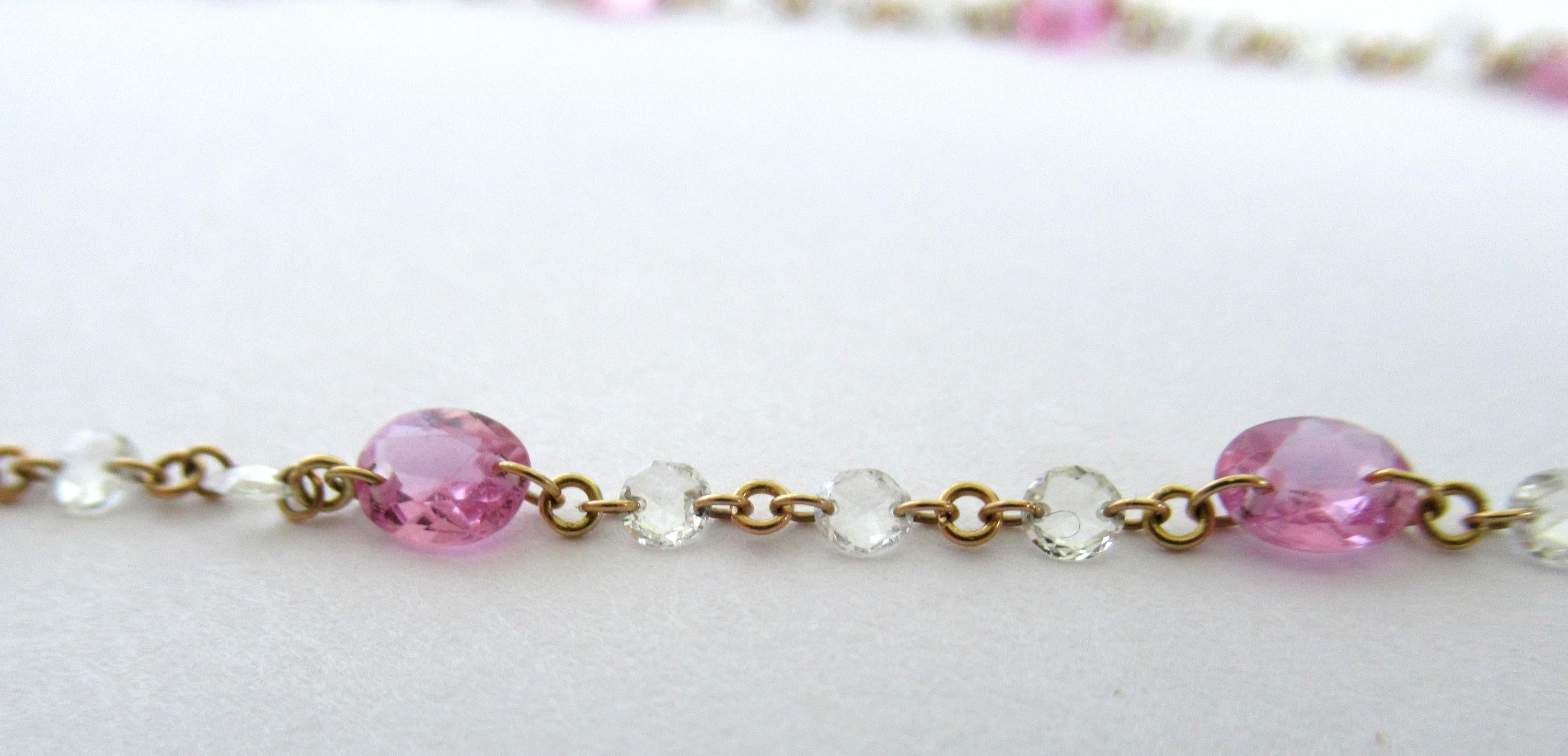 Briolette Cut 18 Karat Rose Gold 4.61 Carat White Diamonds 12.13 Carat Pink Sapphires Nacklace For Sale