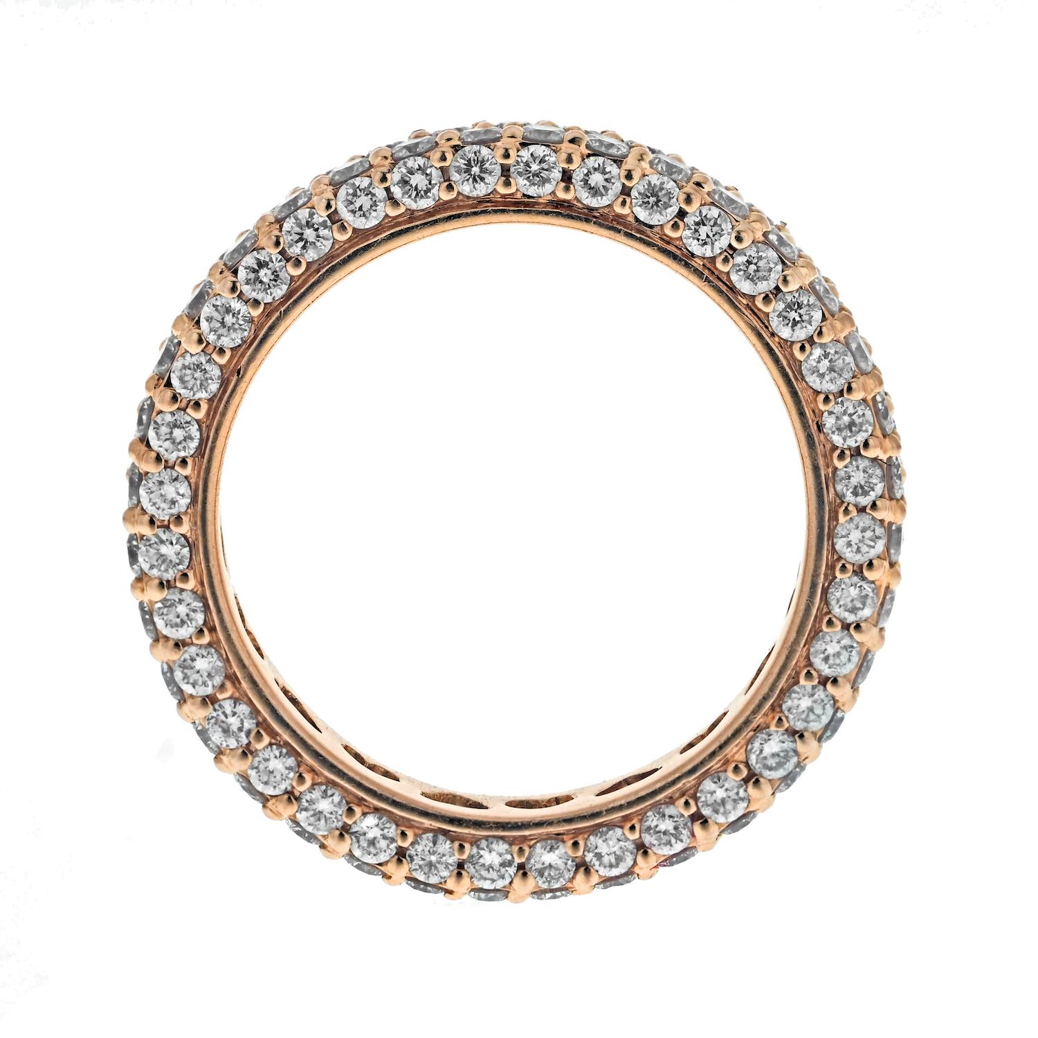 Round Cut 18K Rose Gold 4.c00cttw Multirow Pave Set Diamond Eternity Ring For Sale