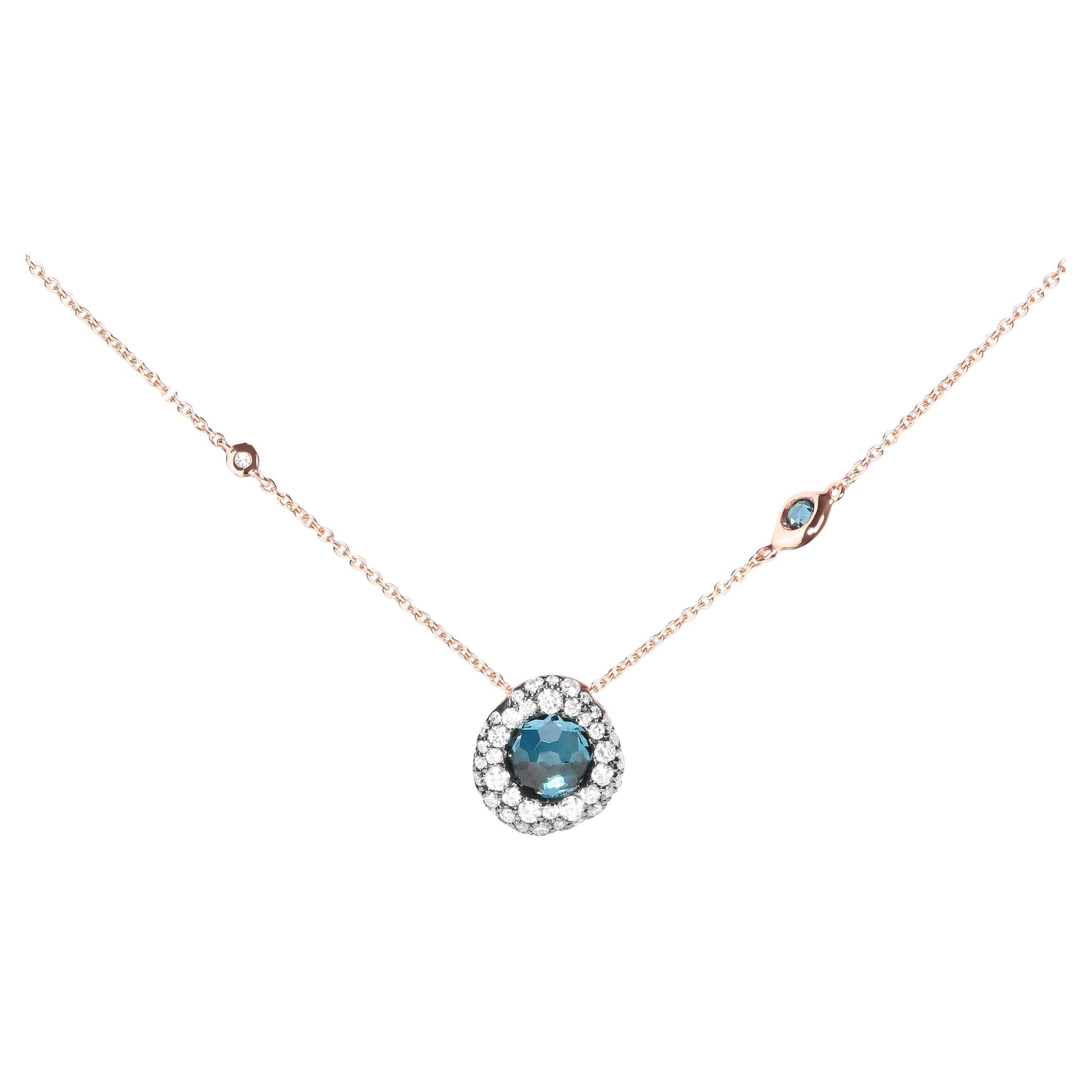 18K Rose Gold 5/8 Carat Diamond and London Blue Topaz Gemstone Station Necklace For Sale