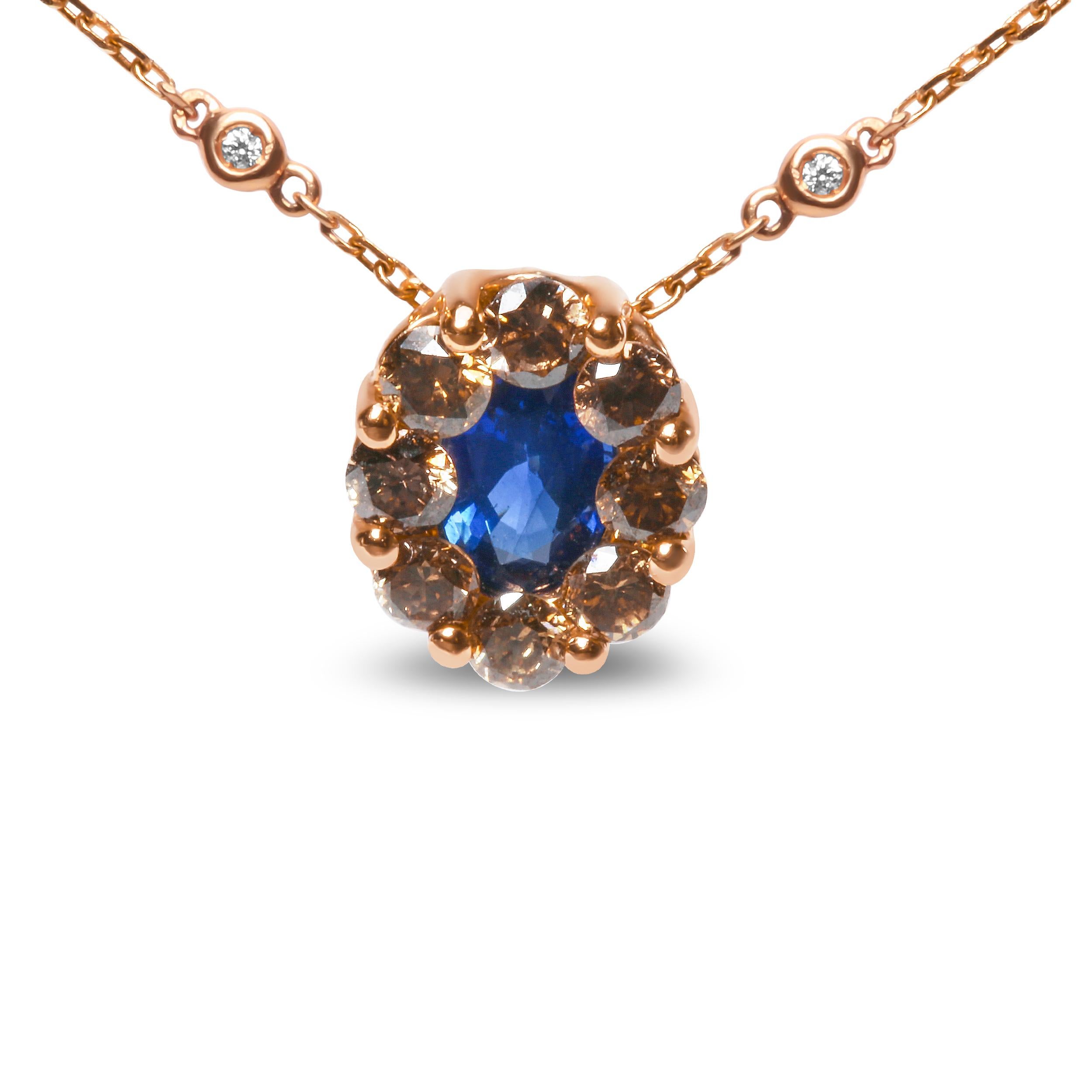 Contemporary 18K Rose Gold 5/8 Carat White & Brown Diamond and Blue Sapphire Pendant Necklace For Sale
