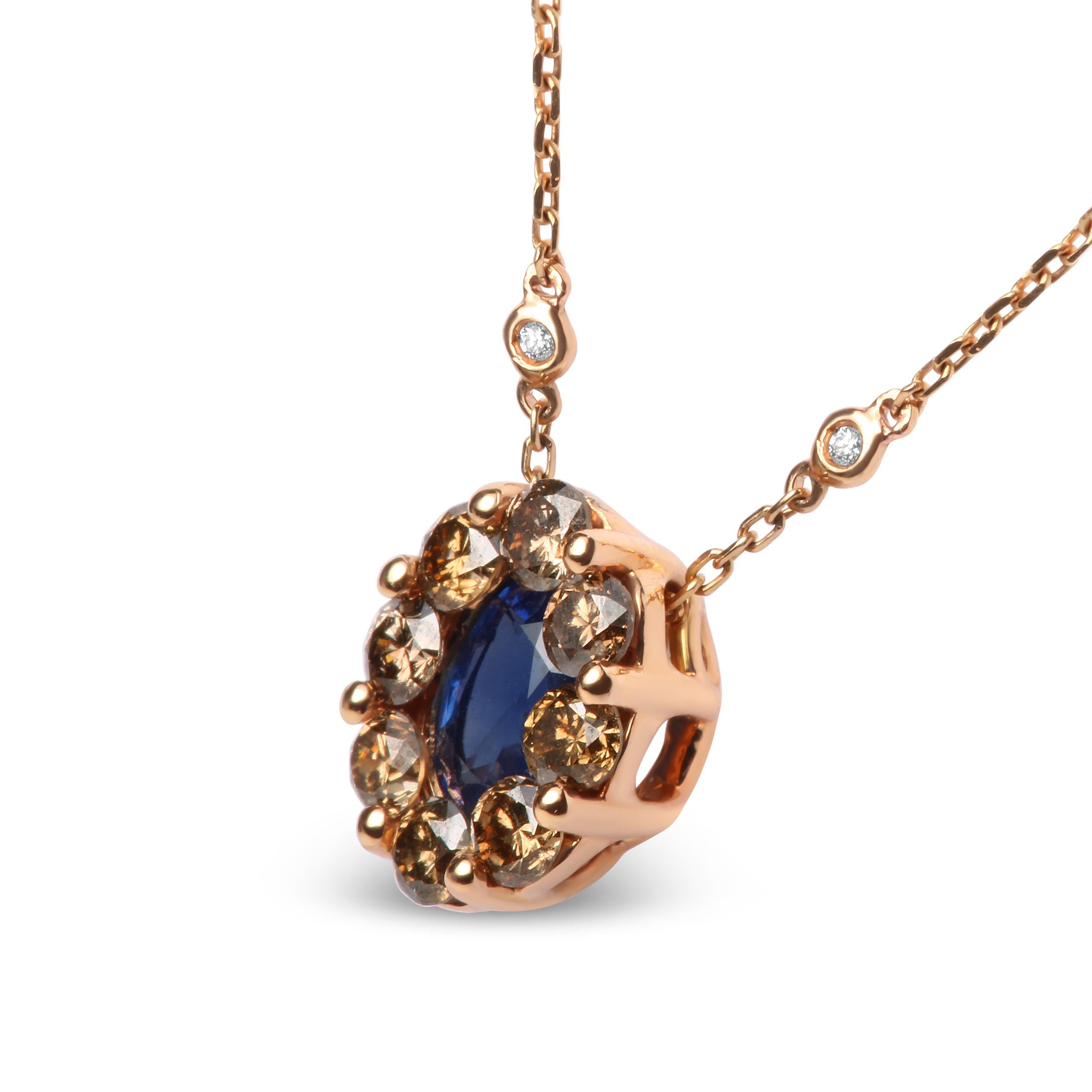 Round Cut 18K Rose Gold 5/8 Carat White & Brown Diamond and Blue Sapphire Pendant Necklace For Sale