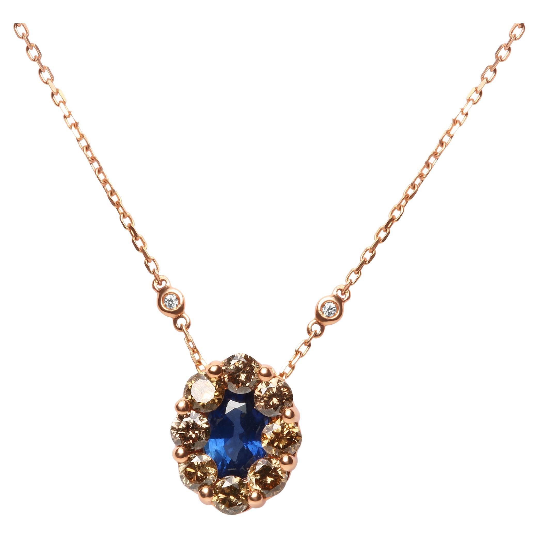 Collier à pendentif en or rose 18 carats avec diamants blancs et bruns de 5/8 carats et saphirs bleus