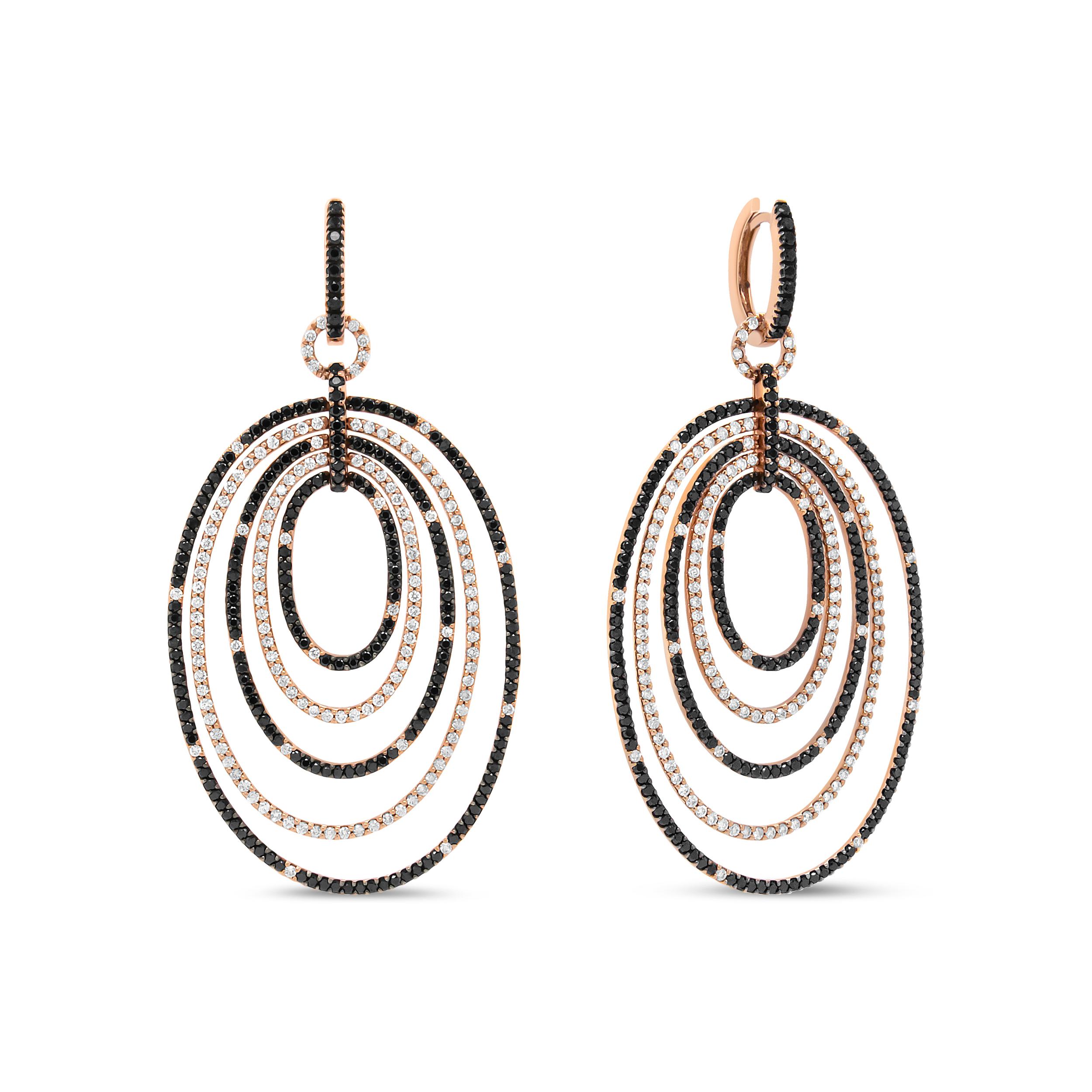 Contemporary 18K Rose Gold 5.0 Carat Black and White Diamond Graduated Hoop Dangle Earrings For Sale