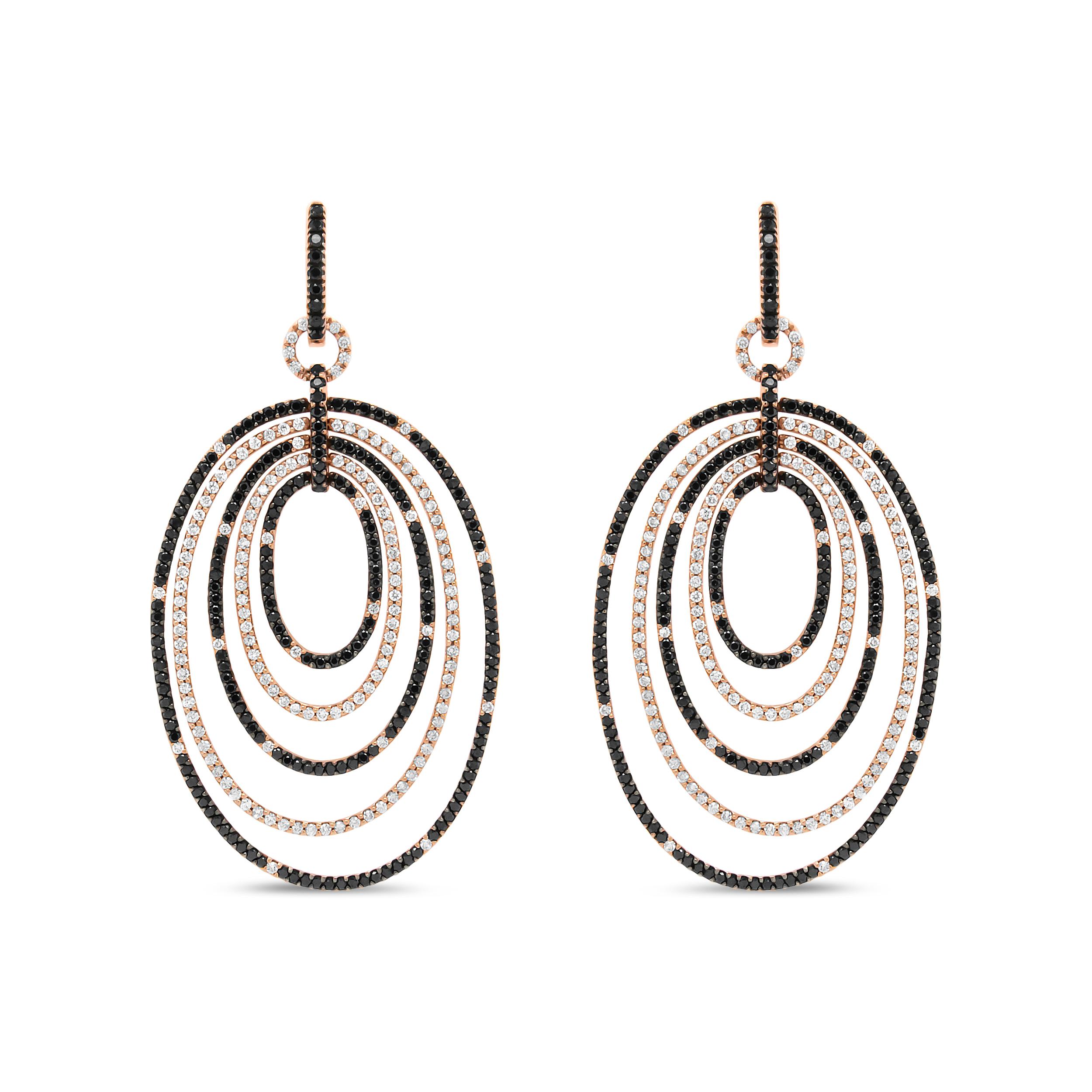 Round Cut 18K Rose Gold 5.0 Carat Black and White Diamond Graduated Hoop Dangle Earrings For Sale