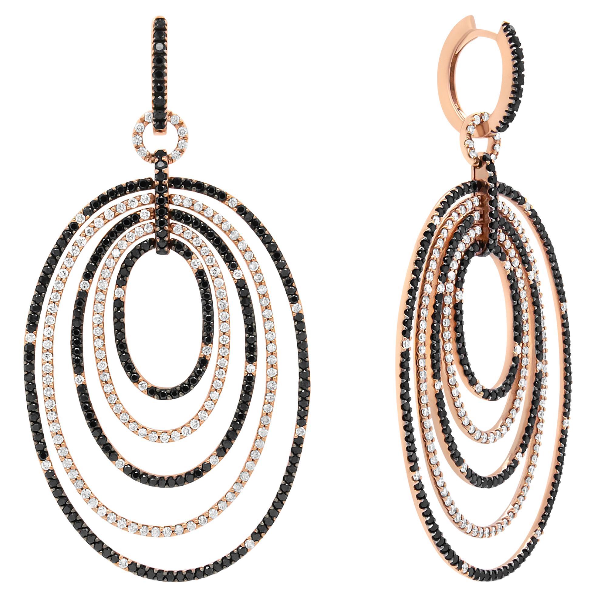 18K Rose Gold 5.0 Carat Black and White Diamond Graduated Hoop Dangle Earrings For Sale