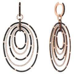 18K Rose Gold 5.0 Carat Black and White Diamond Graduated Hoop Dangle Earrings