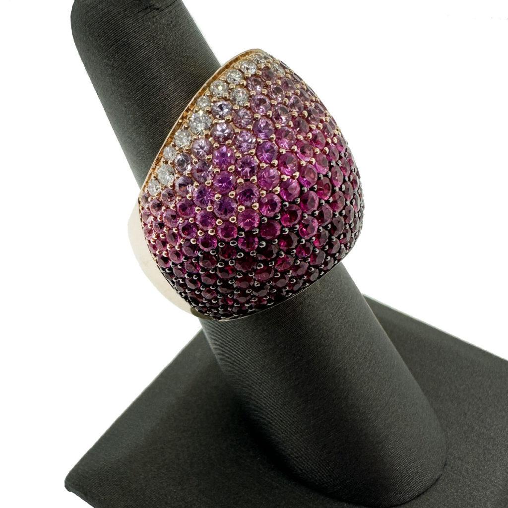 18k Rose Gold .53 Ct Diamond, 4.87 Ct Pink Sapphire & 2.55 Ct Ruby Cocktail Ring In Excellent Condition For Sale In Boca Raton, FL