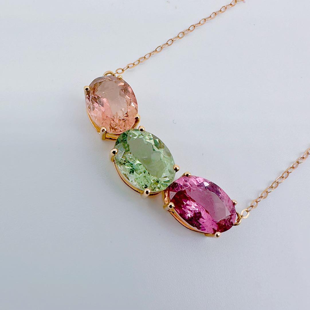 Cushion Cut 18K Rose Gold 6.10 CT Three-Color Tourmaline Necklace For Sale
