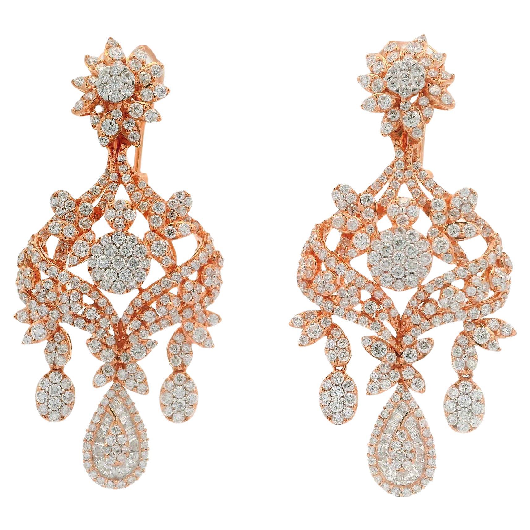 18k Rose Gold 7.07ctw Fiery Diamond Floral Design Dangle Substantial Earrings