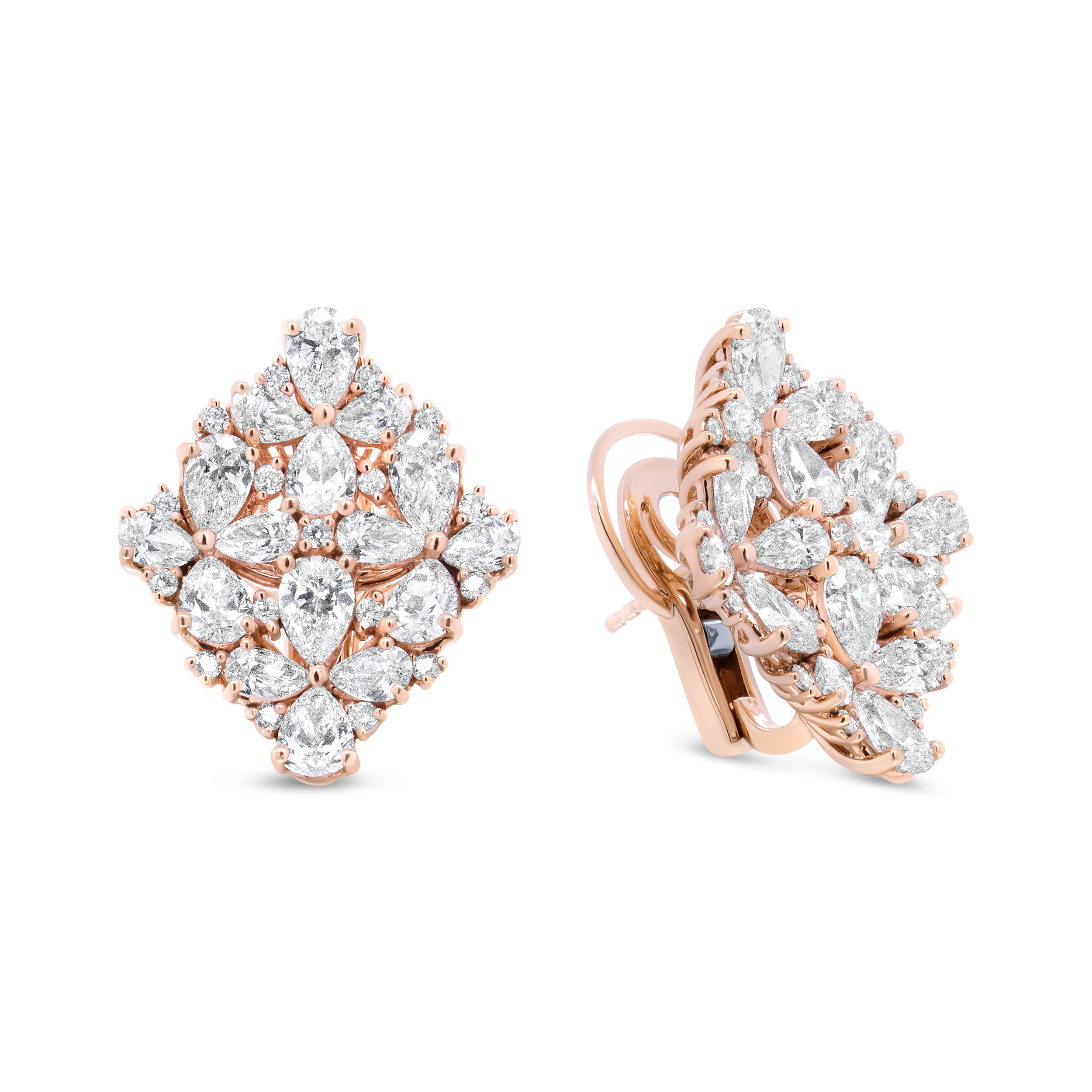 Contemporary 18K Rose Gold 8 1/3 Carat Pear and Round Diamond Floral Cluster Omega Earrings For Sale