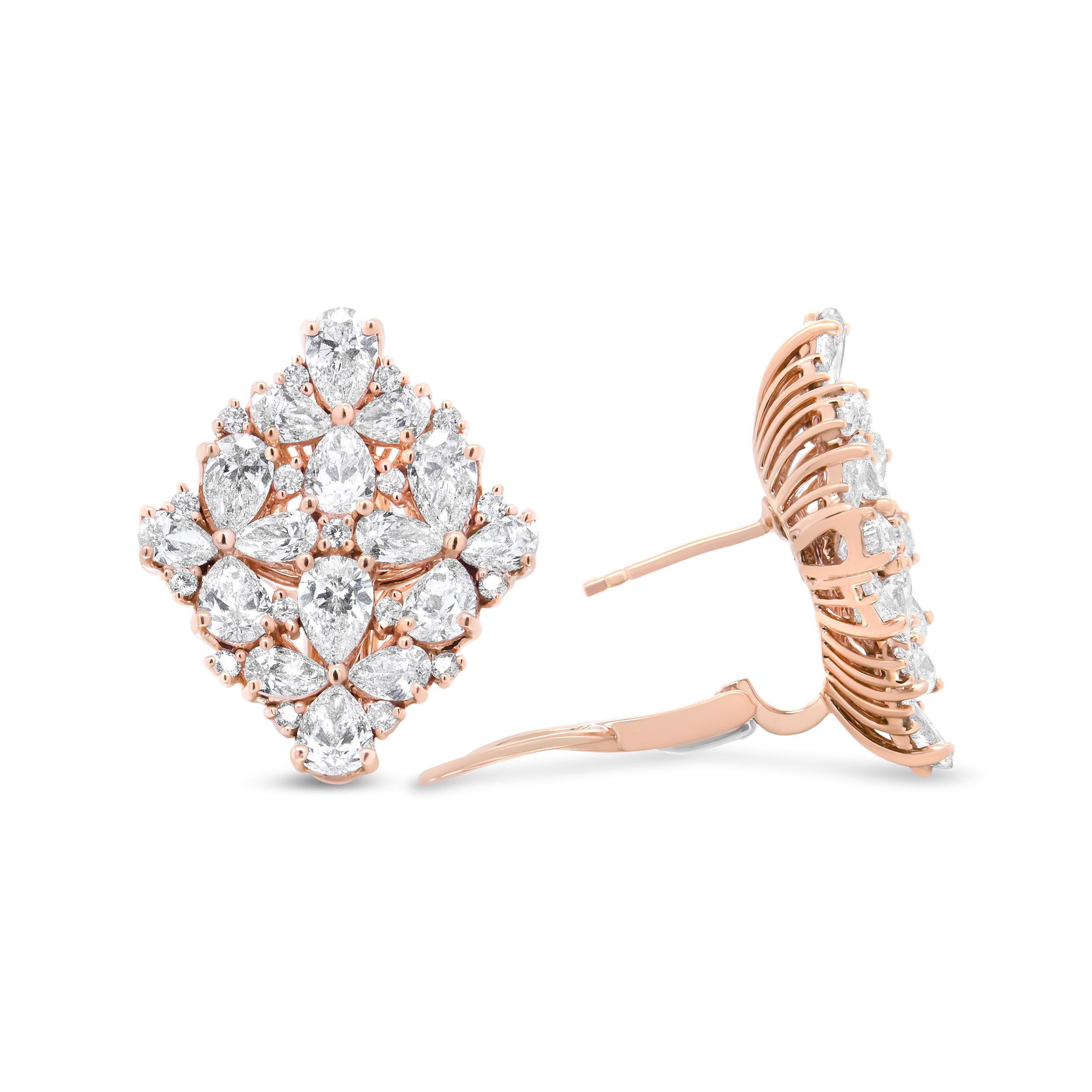 Pear Cut 18K Rose Gold 8 1/3 Carat Pear and Round Diamond Floral Cluster Omega Earrings For Sale