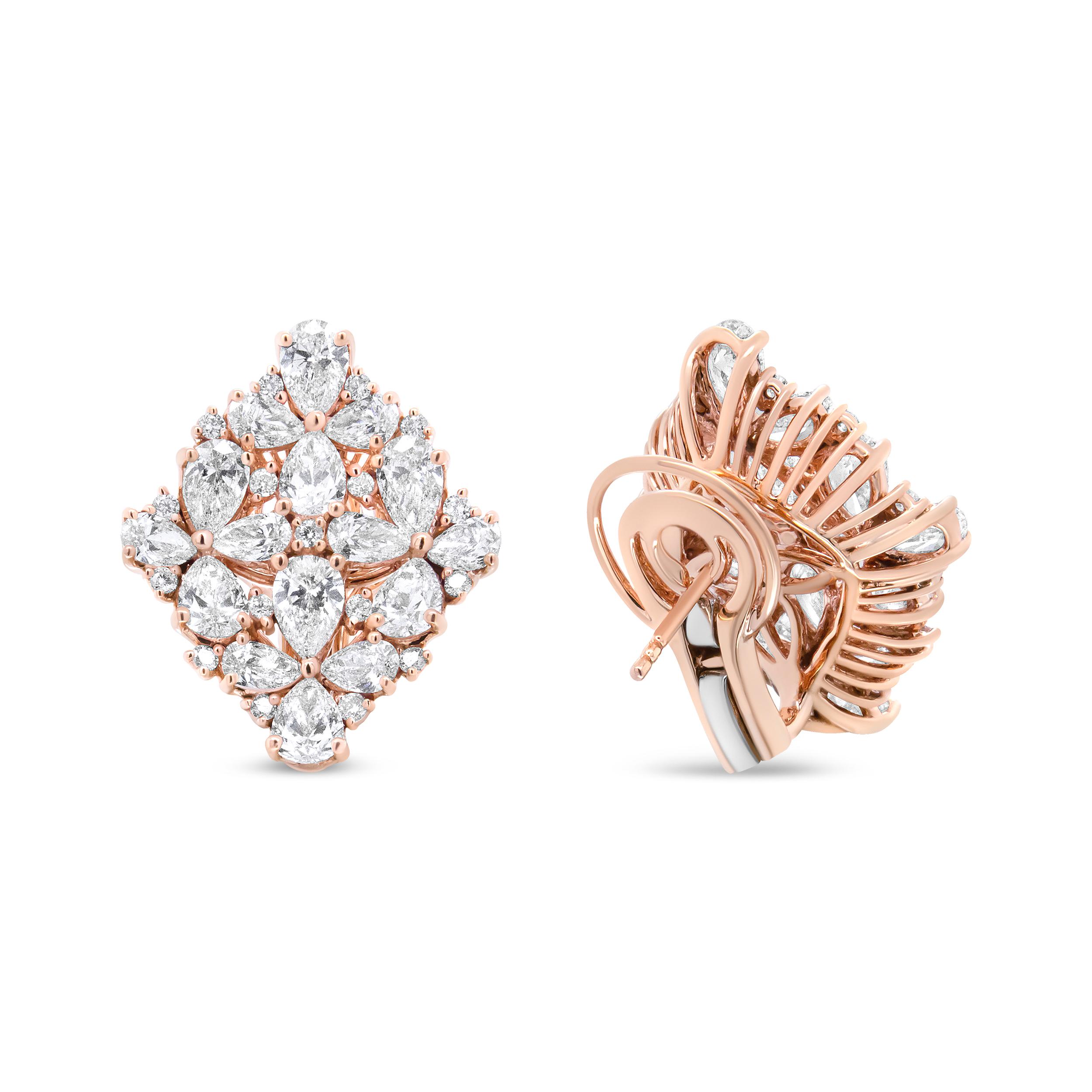 18K Rose Gold 8 1/3 Carat Pear and Round Diamond Floral Cluster Omega Earrings In New Condition For Sale In New York, NY