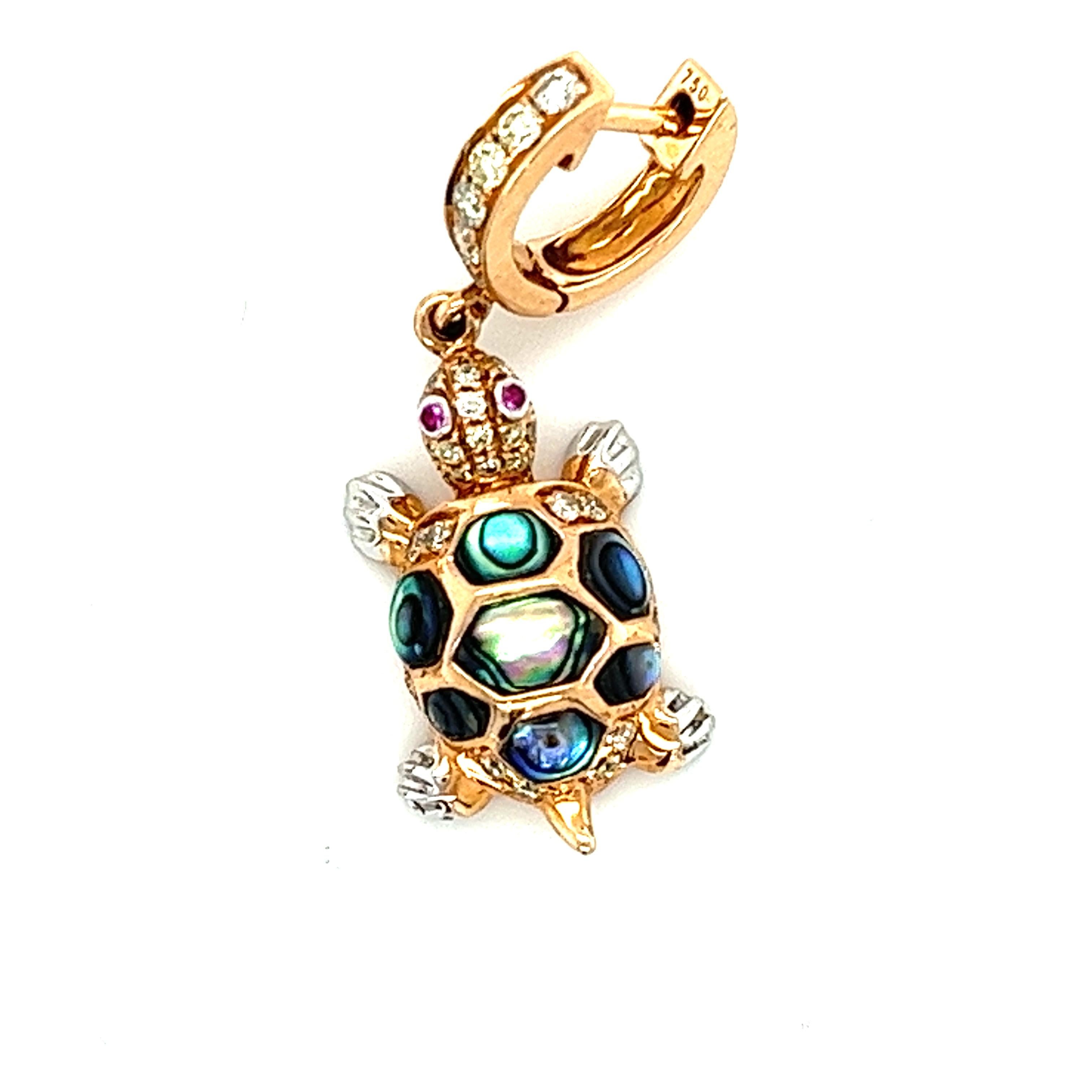 18K Rose Gold Abalone Shell Tortoise Earring

14 Abalone Shells 1.04 CT
66 Fancy Diamonds 0.56 CT
4 Rubies 0.02 CT
18 K Rose Gold 6.99 GM

Abalone Shells are Ocean's masterpieces.
This 18K Rose Gold Abalone Shell Tortoise Earring allows you to own a