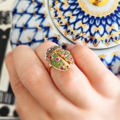 18K Rose Gold Adorable Bug Shaped Green Garnet and Ruby Diamond Ring