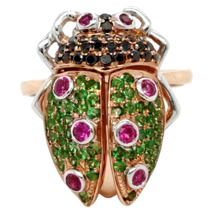18K Rose Gold Adorable Bug Shaped Green Garnet and Ruby Diamond Ring For Sale