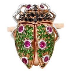 18K Rose Gold Adorable Bug Shaped Green Garnet and Ruby Diamond Ring