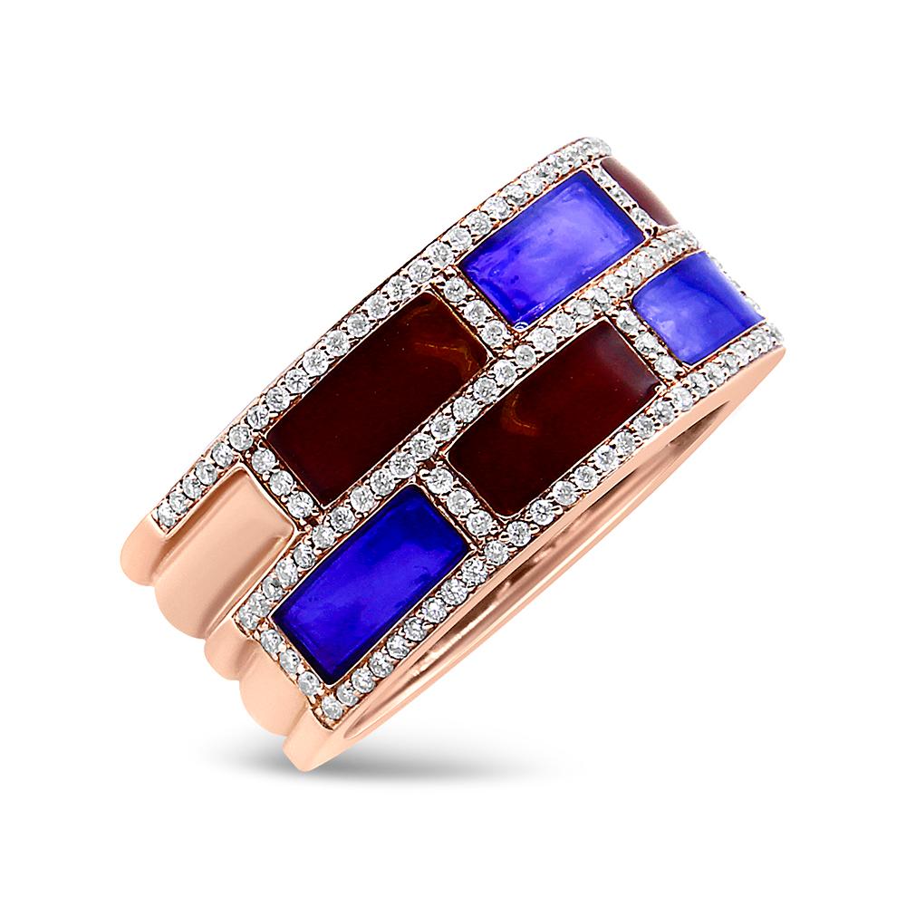 Bold, bright and beautiful! This contemporary diamond and enamel ring is hand-crafted in Thailand and is truly a one-of-a-kind treasure. This band is crafted from warm 18k rose gold featuring alternating patterns of smooth ruby red and lapis blue