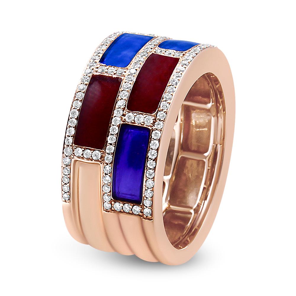 Contemporary 18K Rose Gold Alternating Red & Blue Enamel & 1/2 Cttw Diamond Studded Band Ring For Sale