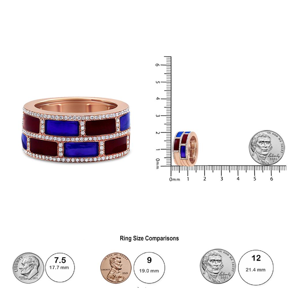 18K Rose Gold Alternating Red & Blue Enamel & 1/2 Cttw Diamond Studded Band Ring In New Condition For Sale In New York, NY