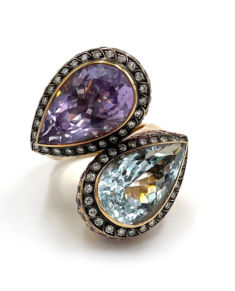 Women's 18k Rose Gold Amethyst and Blue Topaz Bypass Ring