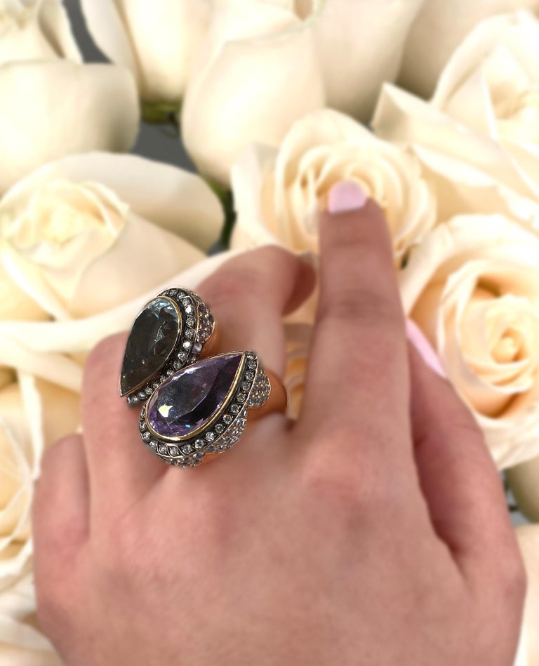 18k Rose Gold Amethyst and Blue Topaz Bypass Ring 3