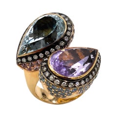 18k Rose Gold Amethyst and Blue Topaz Bypass Ring