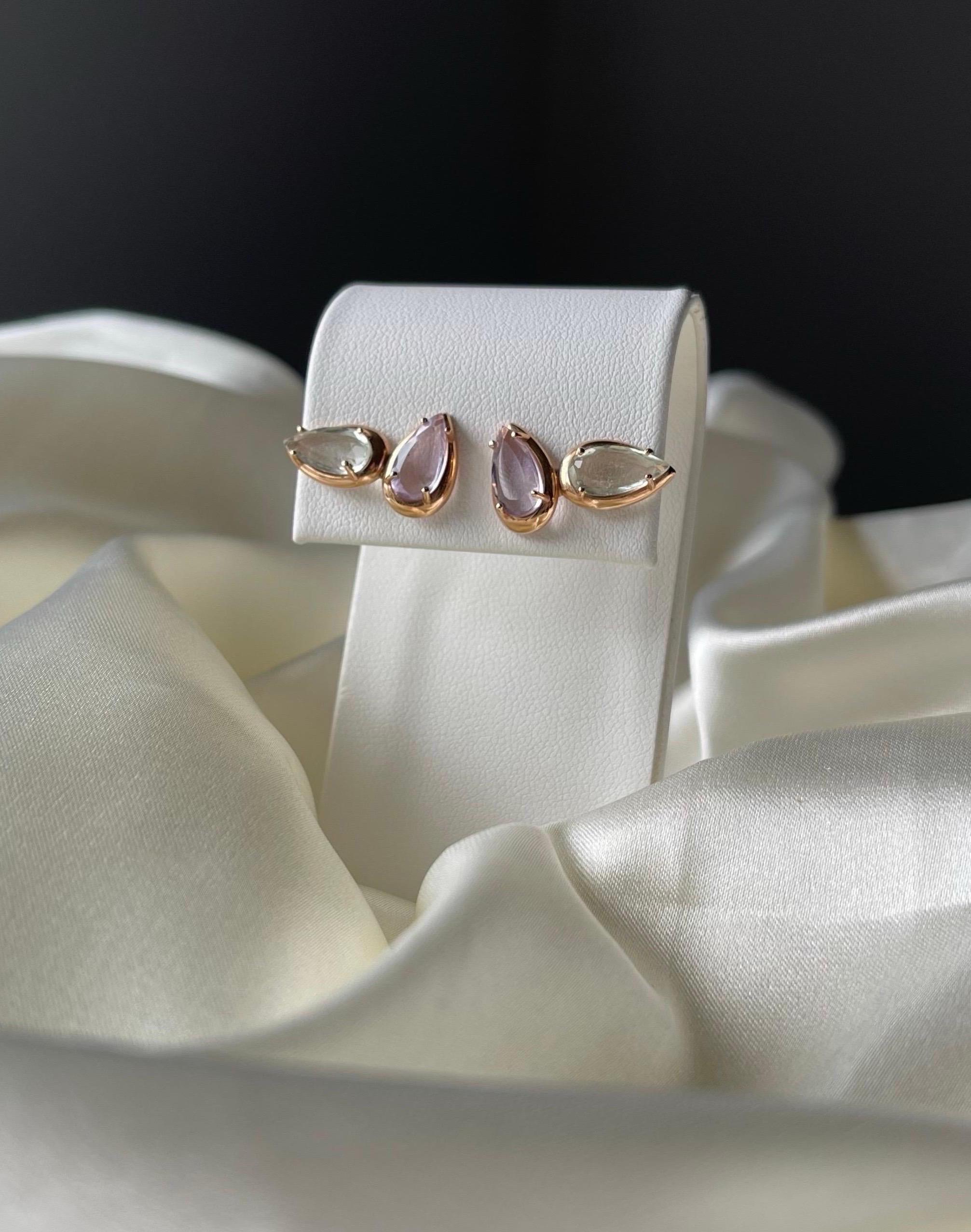 Modernista Orecchini a pera asimmetrici con ametista e prasiolite in oro rosa 18K in vendita