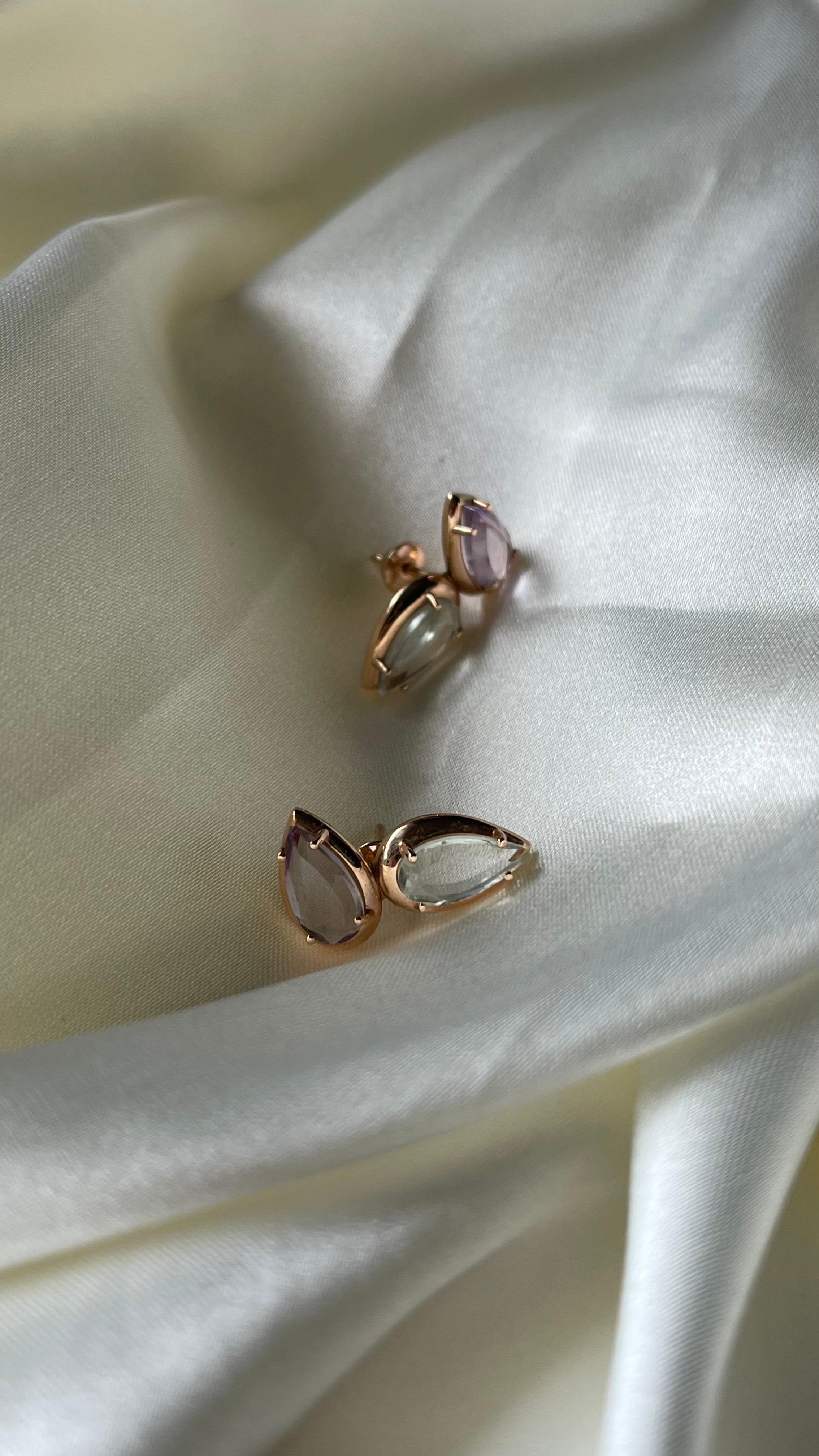 Taglio a goccia Orecchini a pera asimmetrici con ametista e prasiolite in oro rosa 18K in vendita