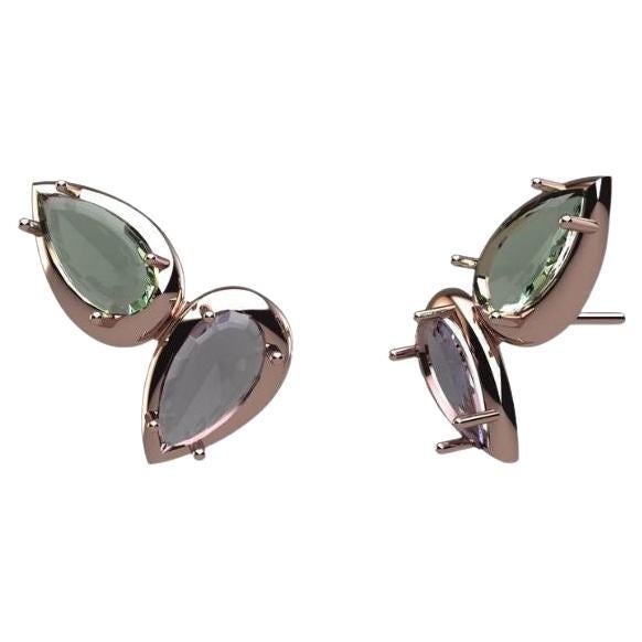 18K Rose Gold Amethyst and Prasiolite Asymmetrical Pear Stud Earrings