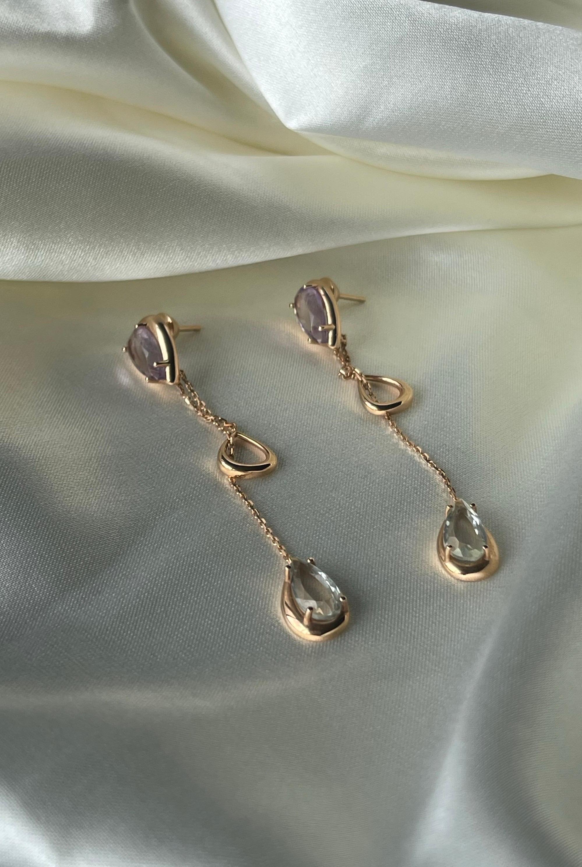 Modern 18K Rose Gold Amethyst and Prasiolite Double Drop Earrings For Sale