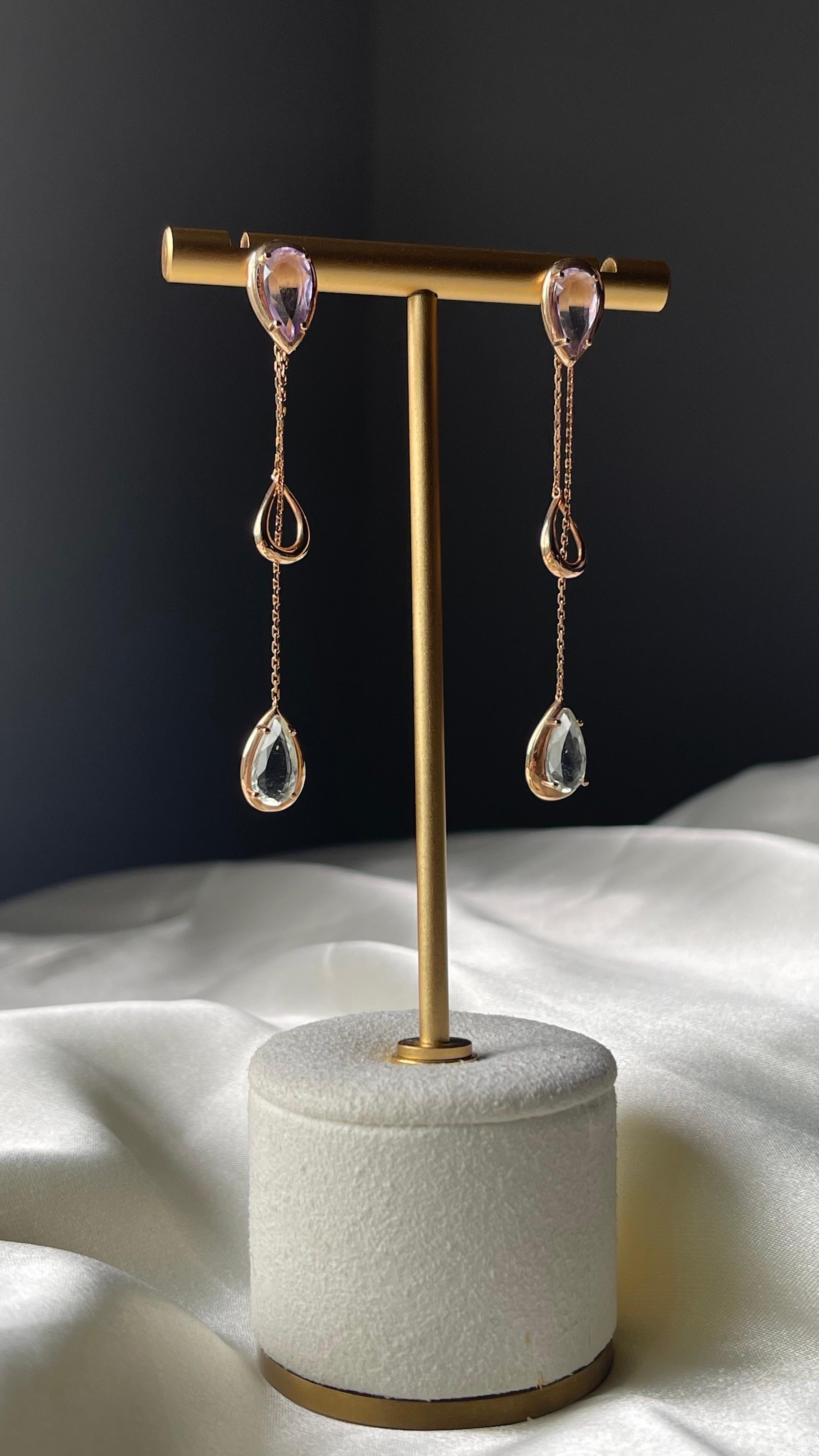 Pear Cut 18K Rose Gold Amethyst and Prasiolite Double Drop Earrings For Sale