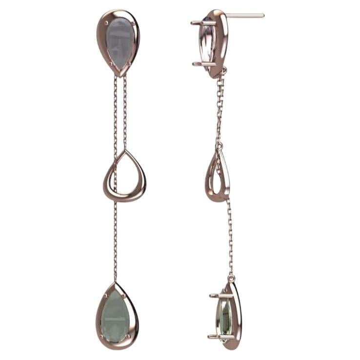 18K Rose Gold Amethyst and Prasiolite Double Drop Earrings For Sale