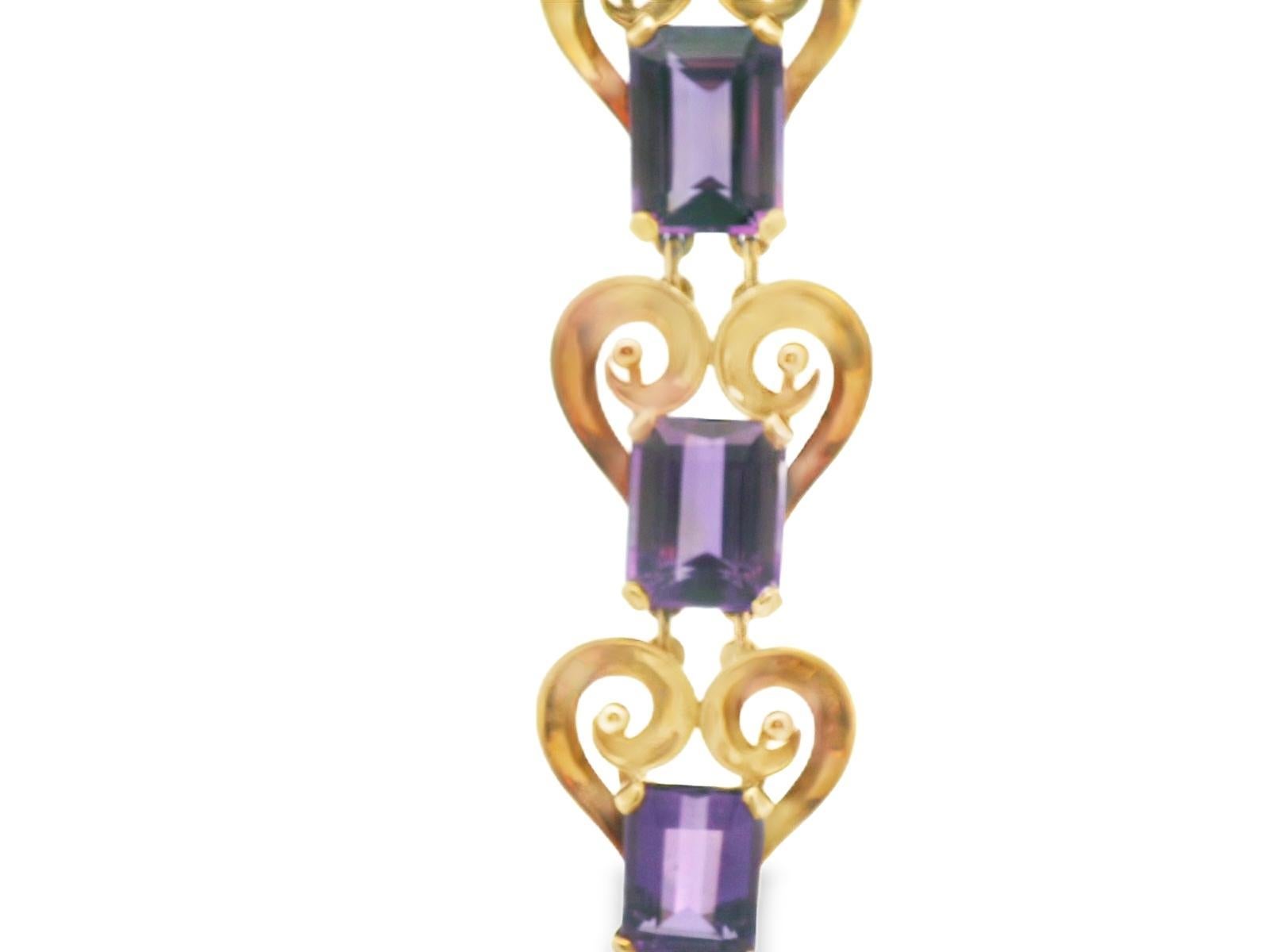 This is a dramatic, Mid Century Modern, 40+ carat, 18k rose gold bracelet. This phenomenal bracelet consists of a of heart-shaped interlocking design with amethyst connectors. The bracelet is bold, defiant and dramatic. Nothing says I love you like