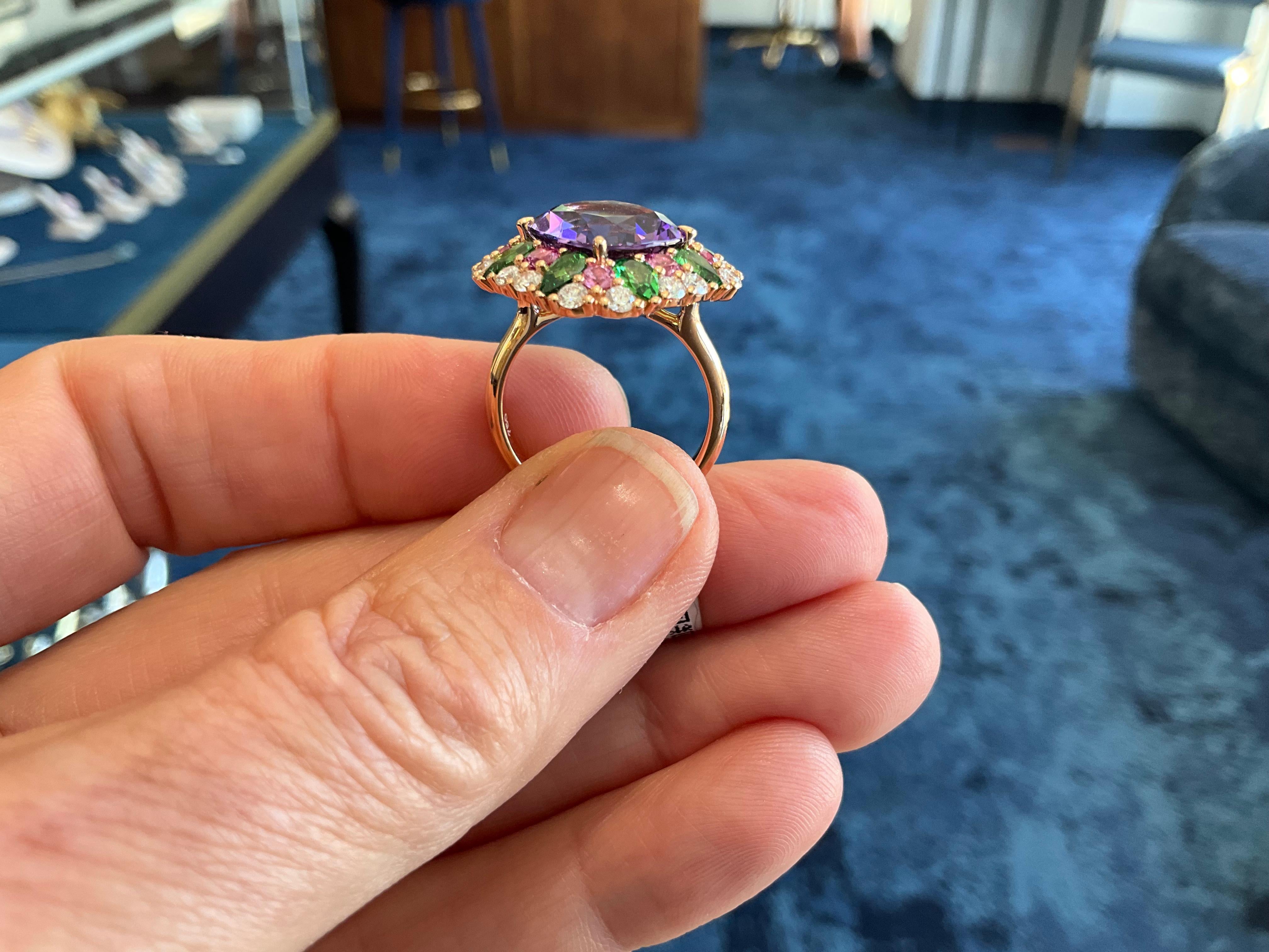 18K Rose Gold Amethyst, Tsavorite, Pink Sapphire and Diamond Ring (Kissenschliff) im Angebot