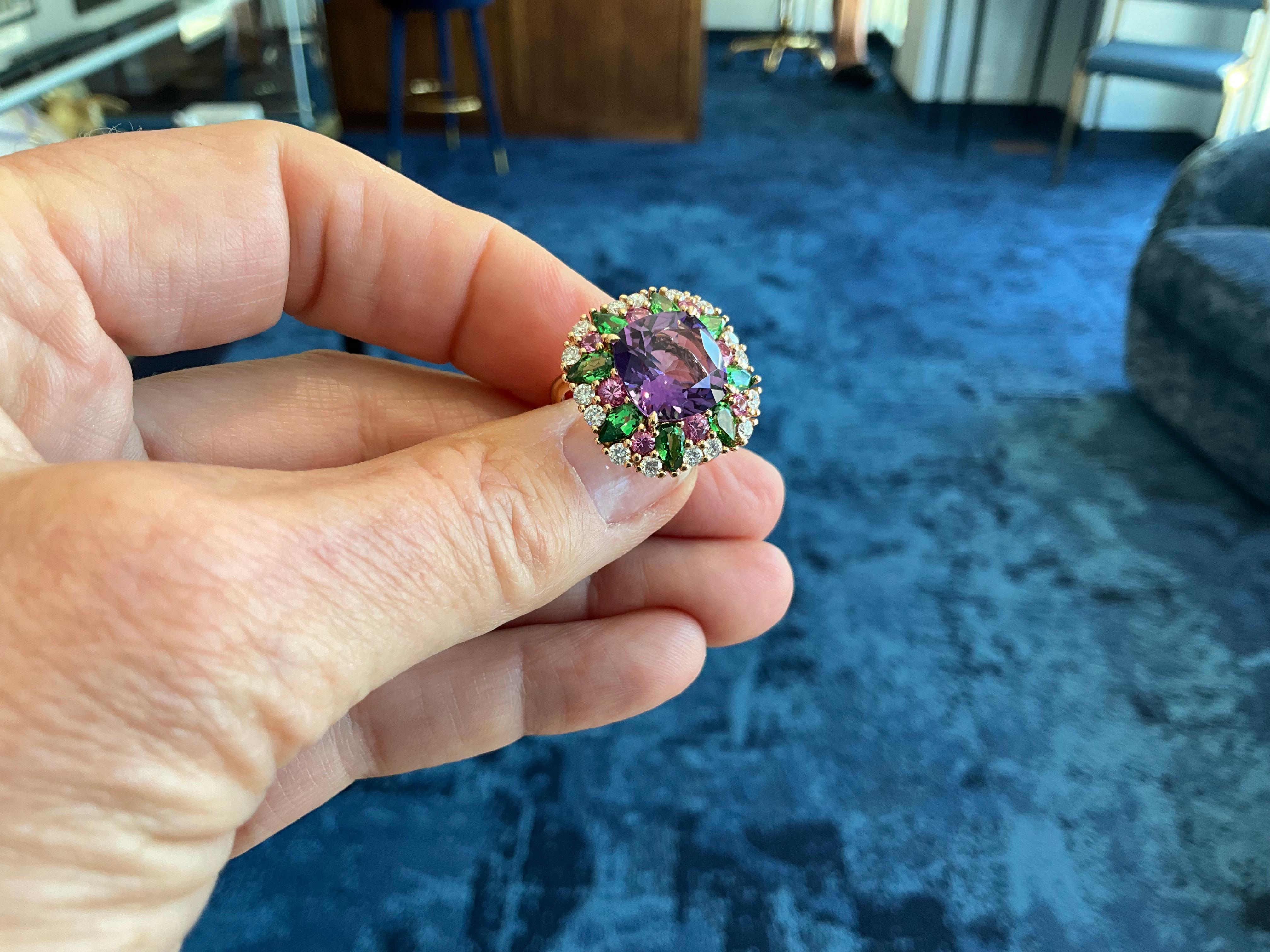18K Rose Gold Amethyst, Tsavorite, Pink Sapphire and Diamond Ring im Zustand „Neu“ im Angebot in Virginia Beach, VA
