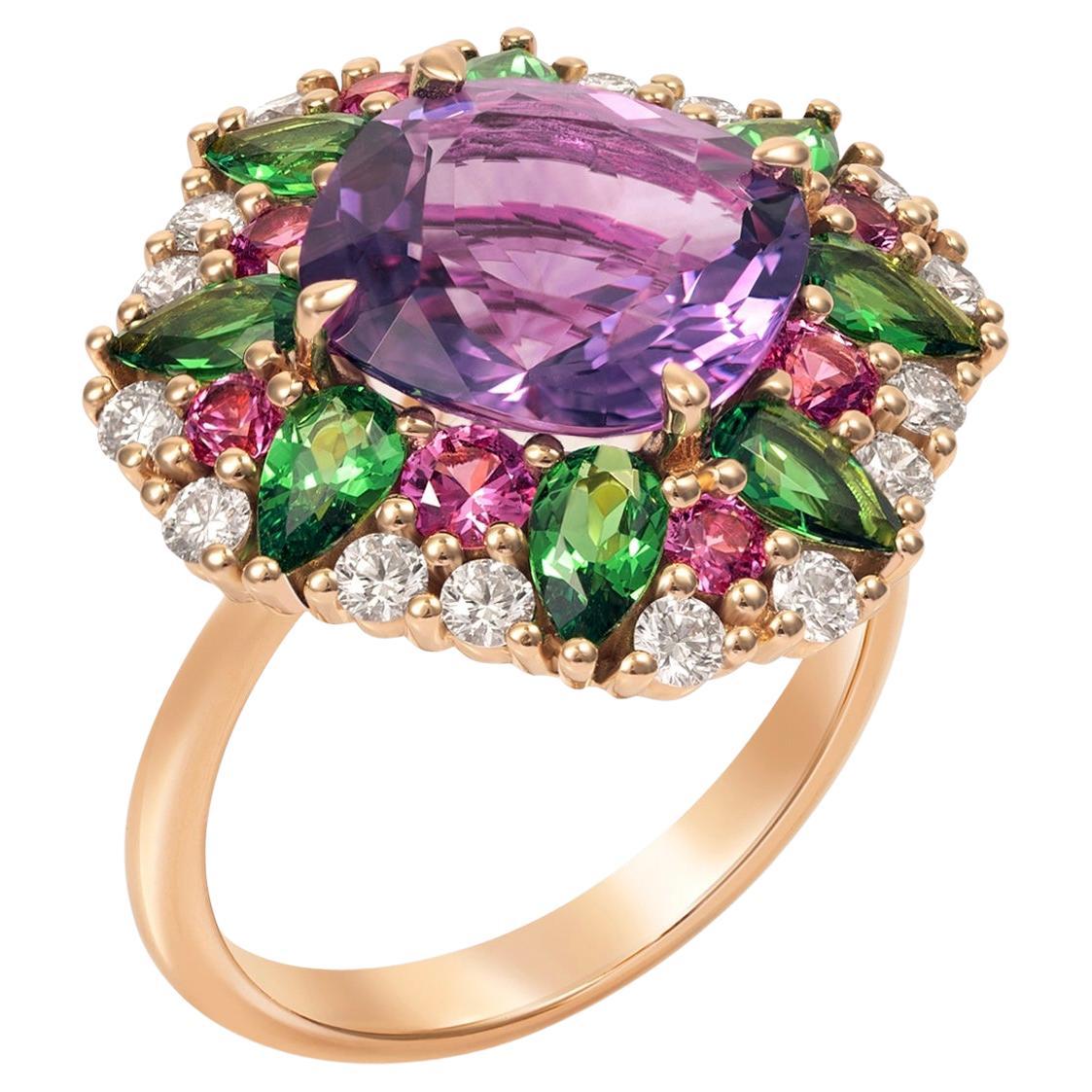 18K Rose Gold Amethyst, Tsavorite, Pink Sapphire and Diamond Ring