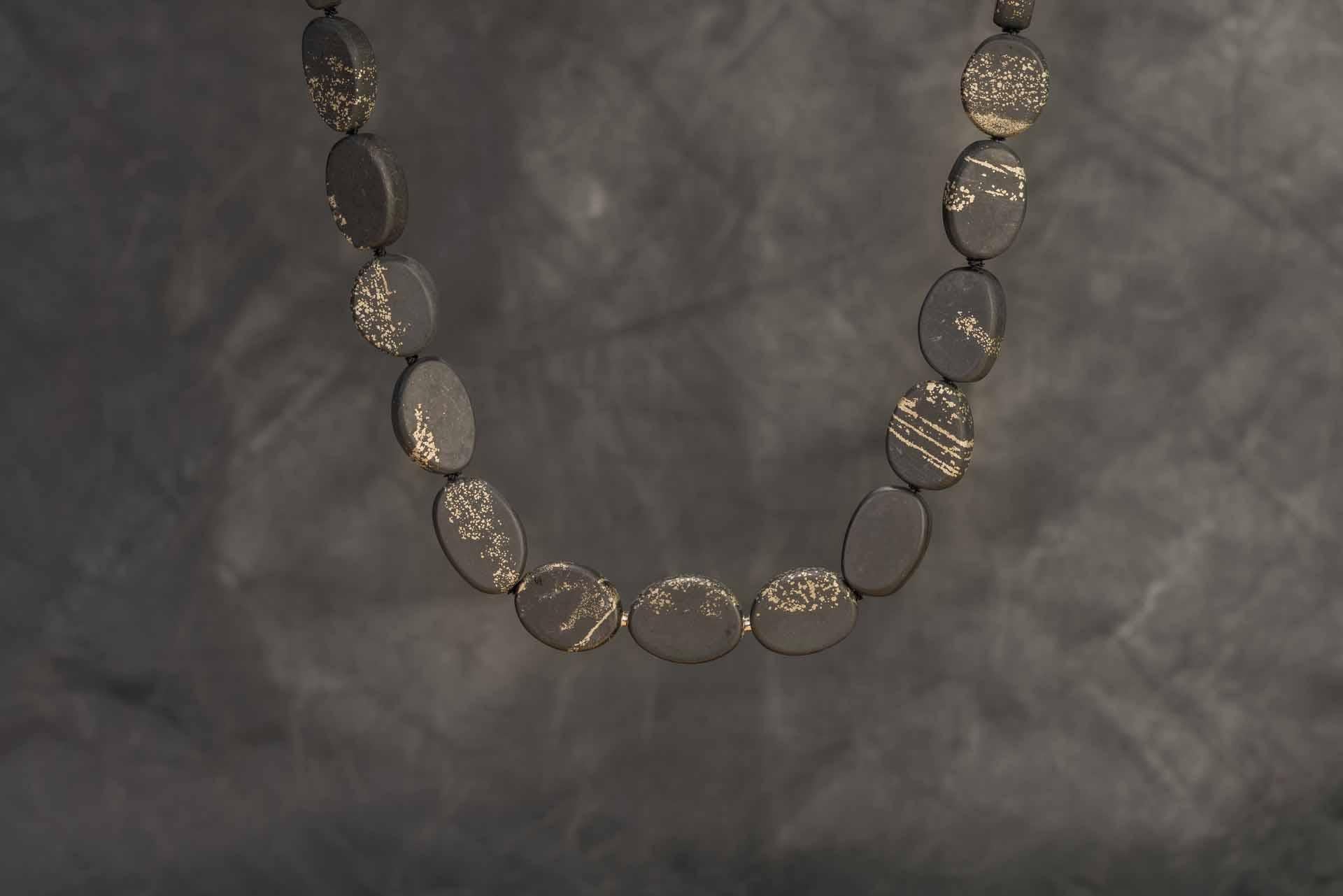 Contemporary 18 Karat Rose Gold and Bustamite Ammonite Clasp on a Slate and Pyrite Necklace