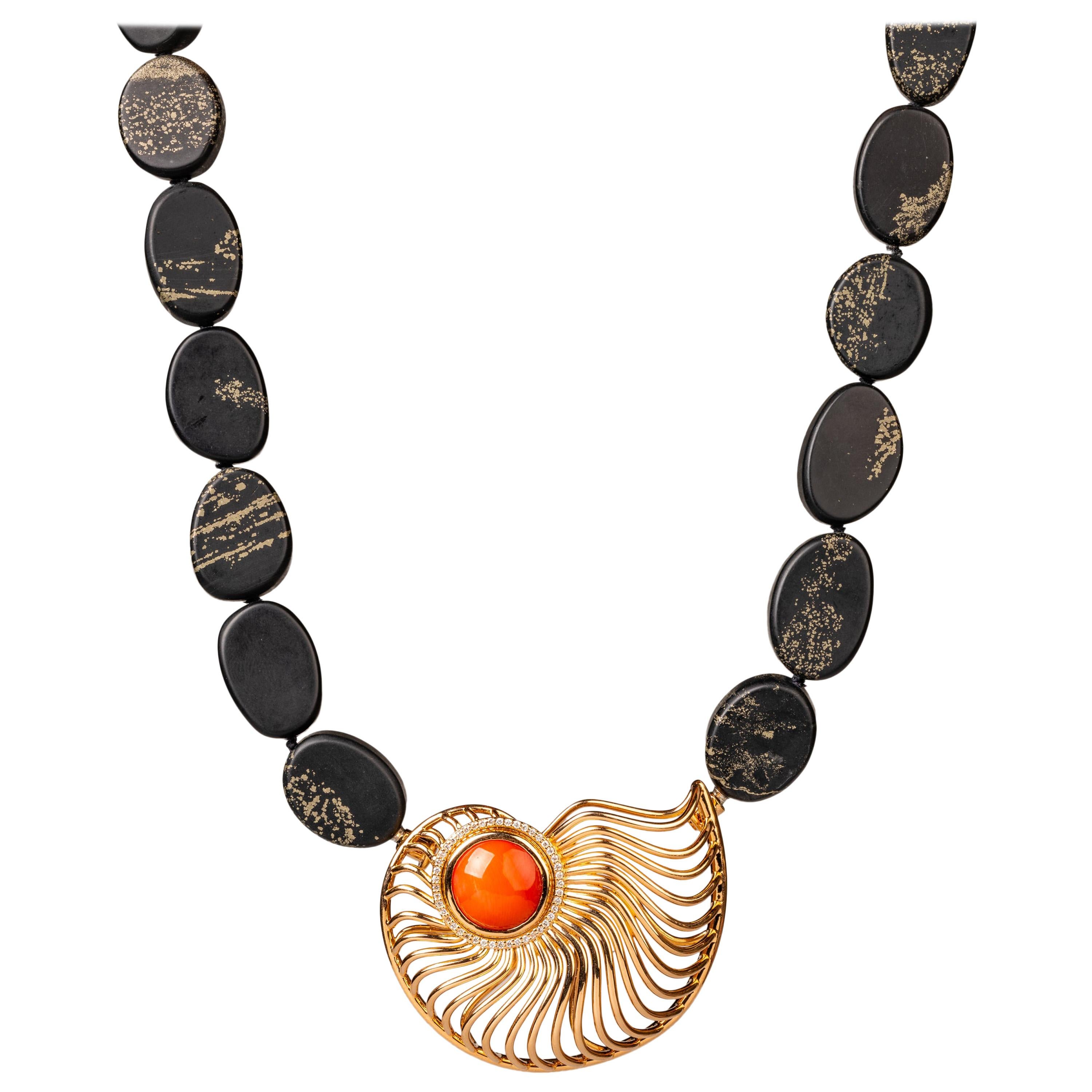 18 Karat Rose Gold and Bustamite Ammonite Clasp on a Slate and Pyrite Necklace