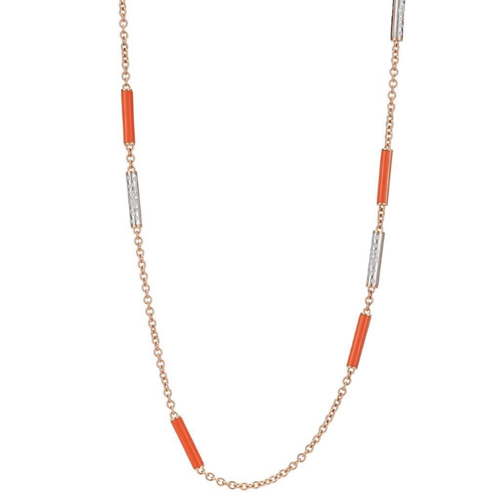Collar Link de Oro Rosa de 18 Kilates y Coral con Diamantes Contemporáneo en venta