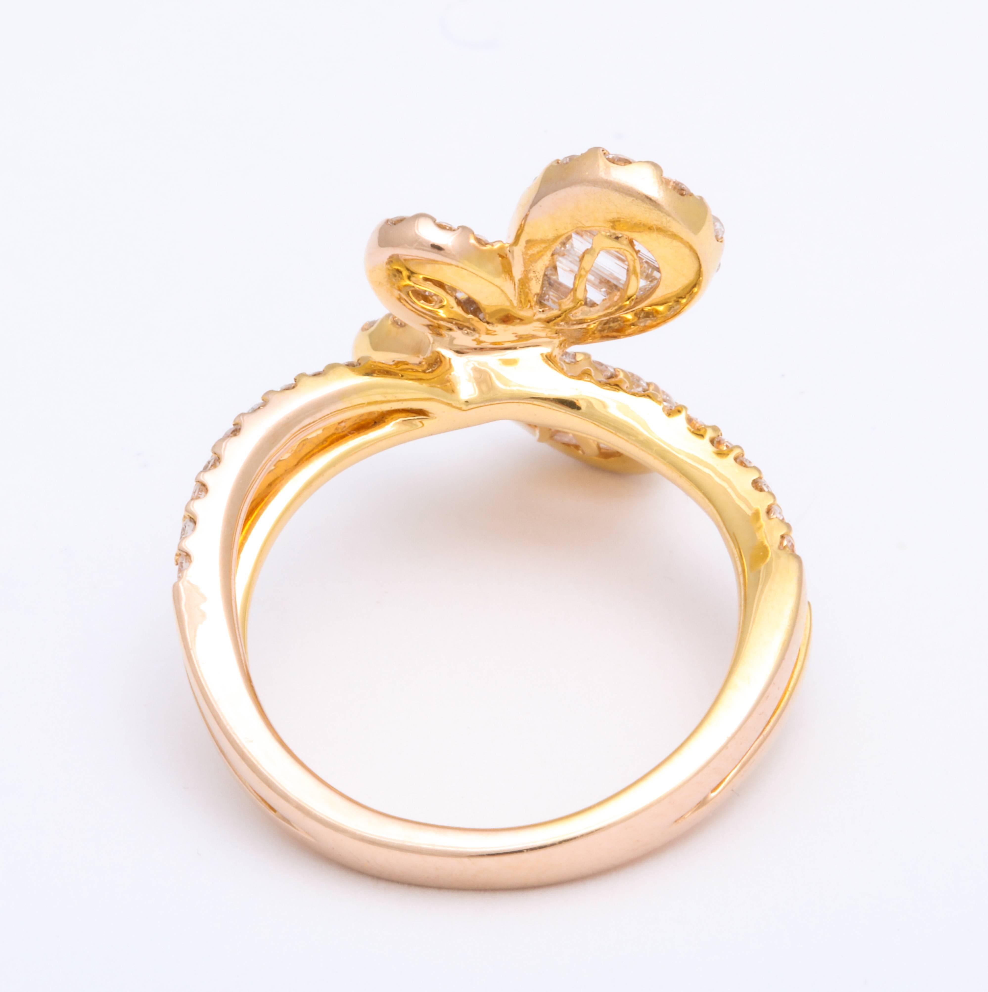 Baguette Cut 18 Karat Rose Gold and Diamond Butterfly Fashion and Cocktail Ring